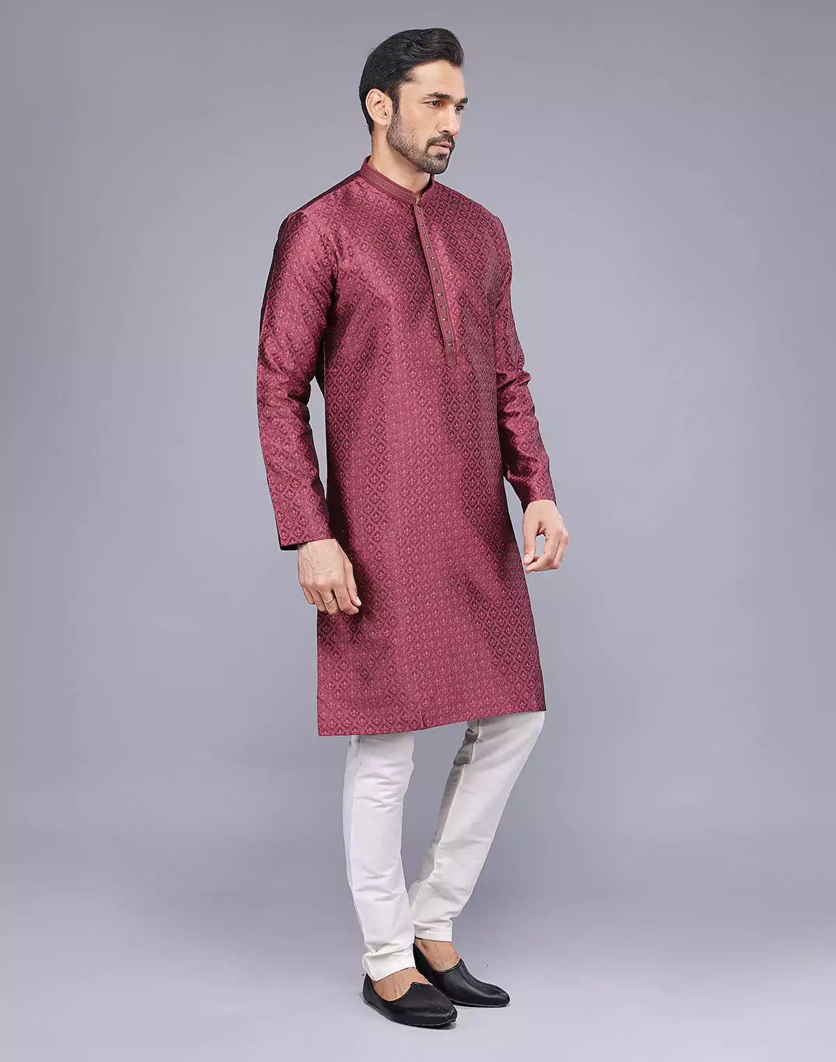Soft Silk Maroon Self Brocade Design Thread Embroidery Kurta Set