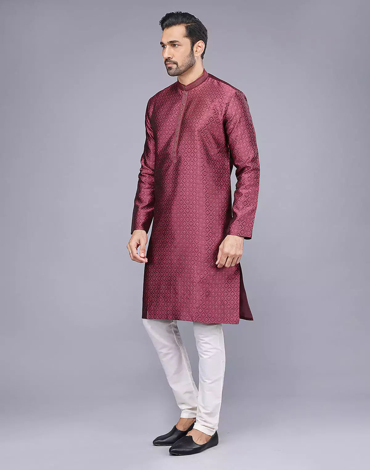 Soft Silk Maroon Self Brocade Design Thread Embroidery Kurta Set