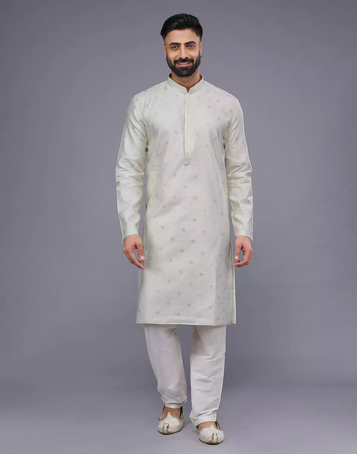 Cream Coloured Silver Floral Design Soft Silk Kurta Set