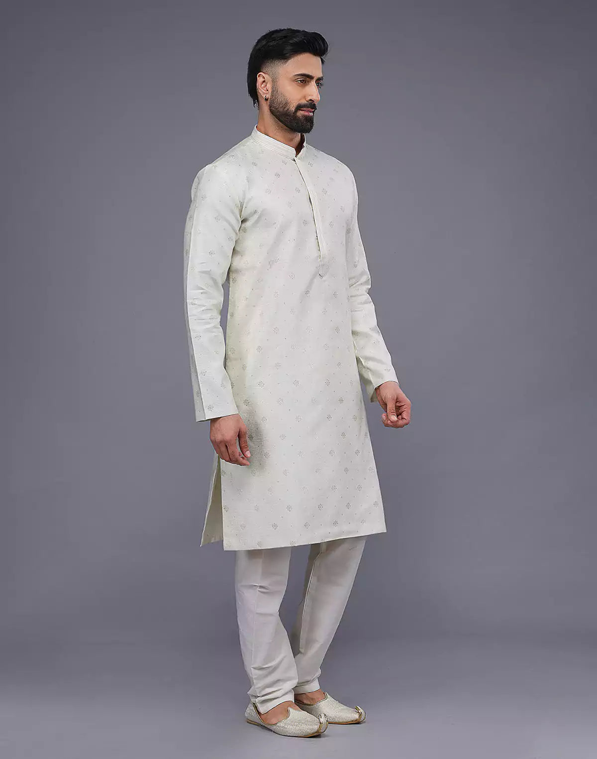 Cream Coloured Silver Floral Design Soft Silk Kurta Set