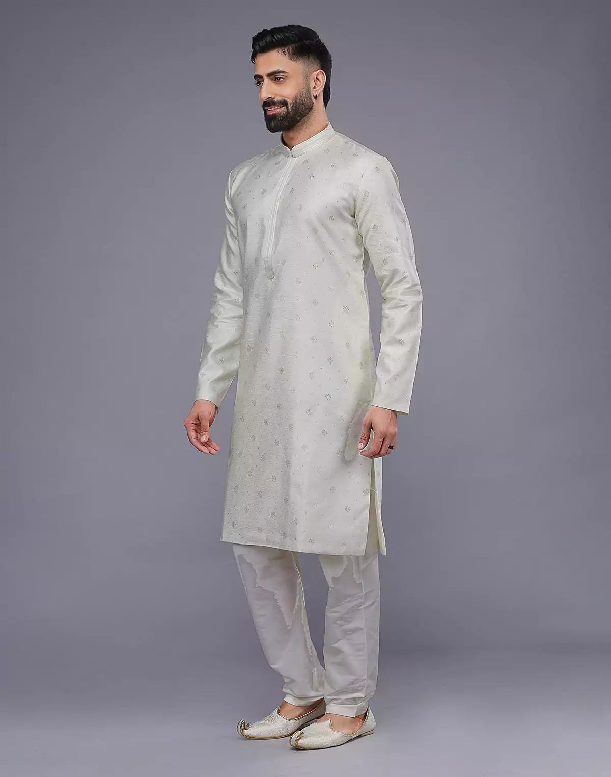 Cream Coloured Silver Floral Design Soft Silk Kurta Set