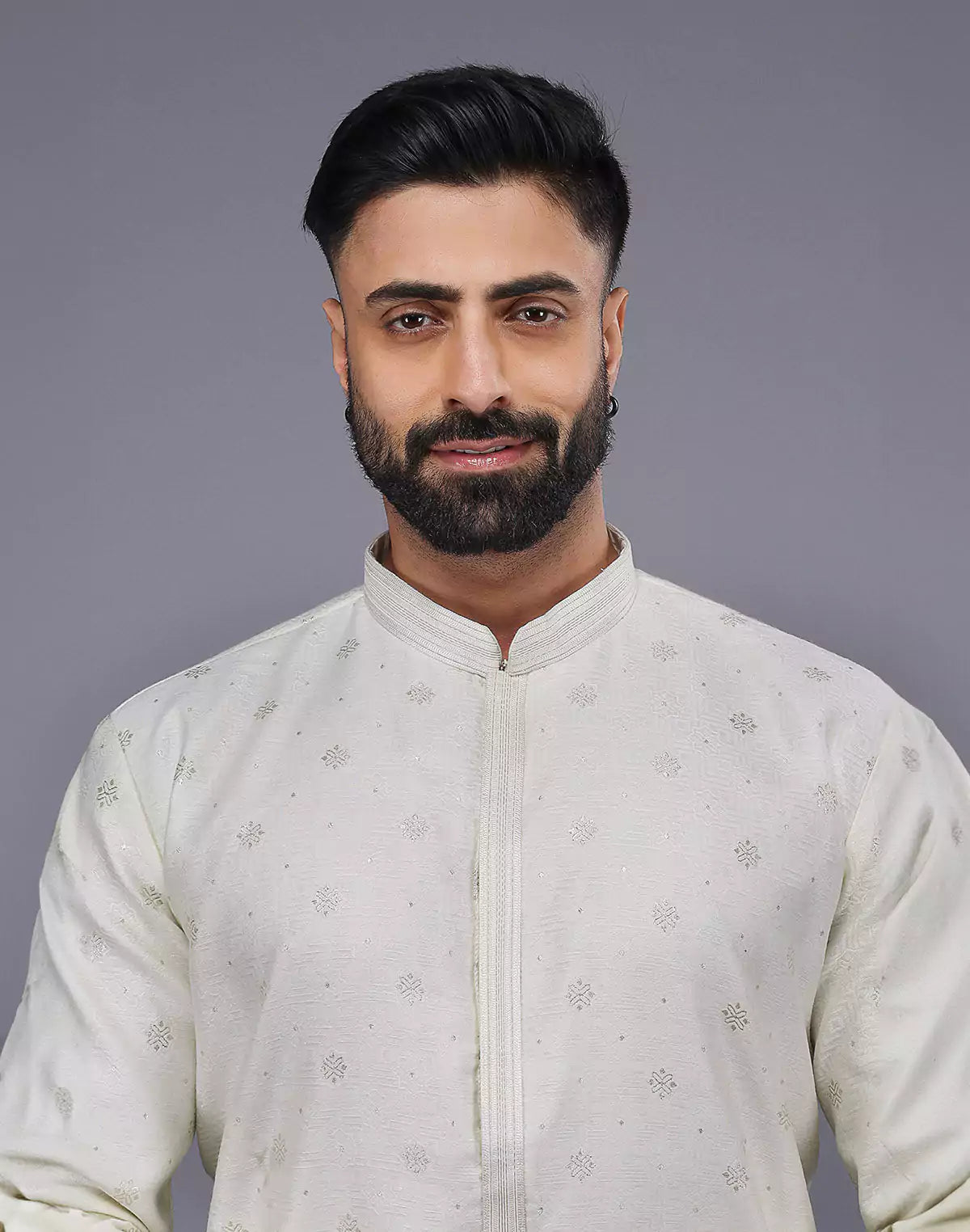 Cream Coloured Silver Floral Design Soft Silk Kurta Set