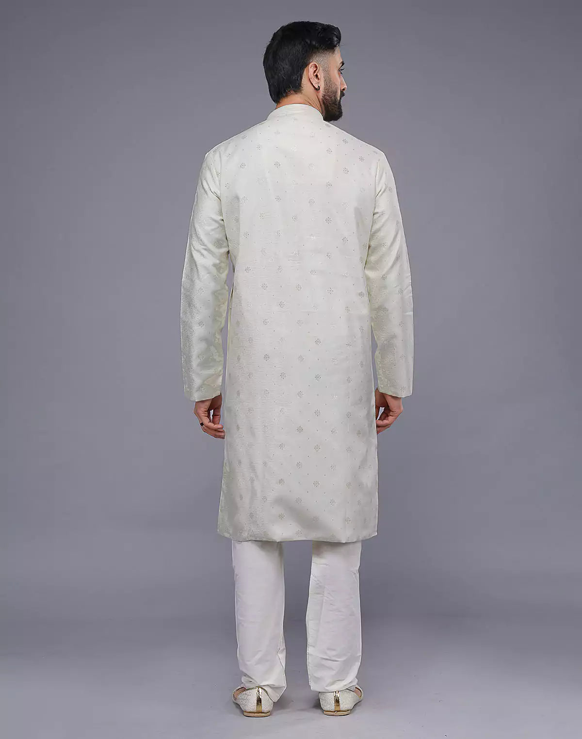 Cream Coloured Silver Floral Design Soft Silk Kurta Set