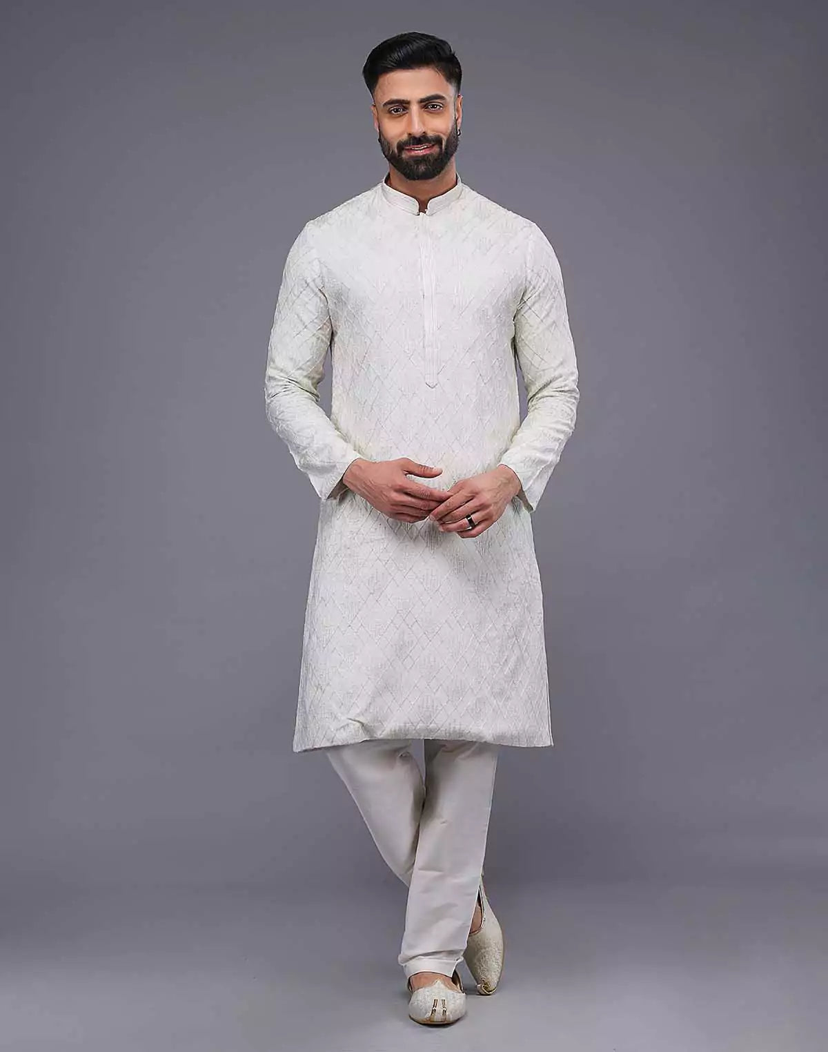 Cream Imperial Patterned Thread Soft Silk Silk Kurta Pajama