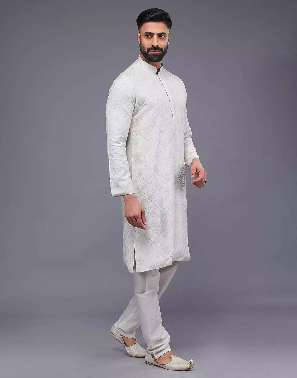 Cream Imperial Patterned Thread Soft Silk Silk Kurta Pajama