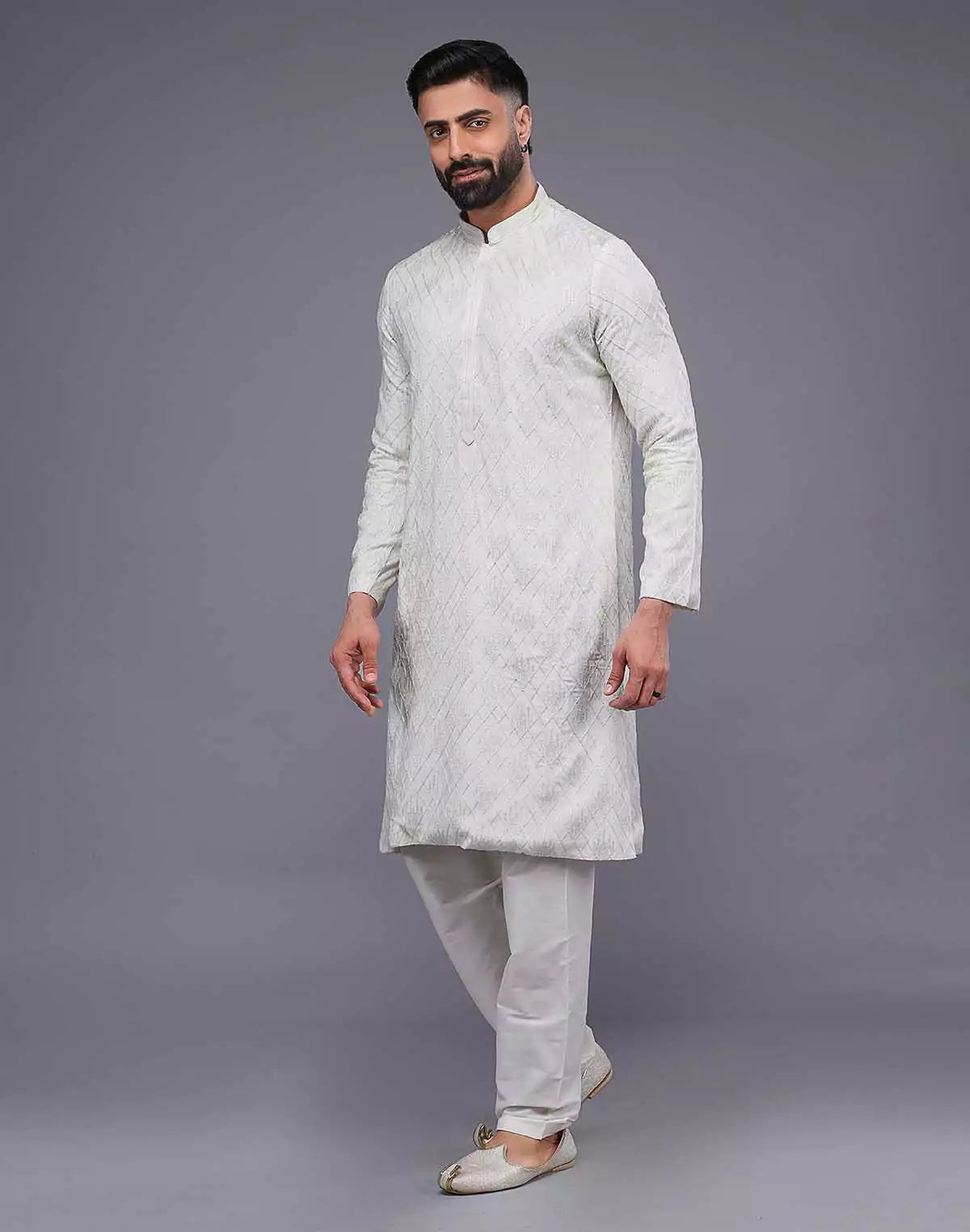 Cream Imperial Patterned Thread Soft Silk Silk Kurta Pajama