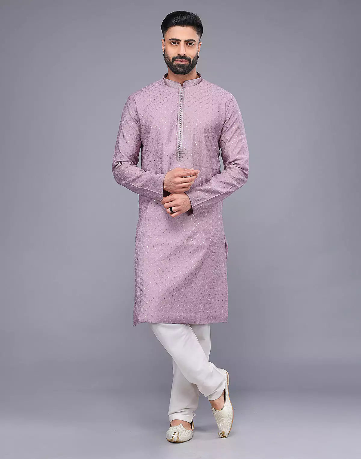 Self Imperial Patterned Elegant Onion Coloured Soft Silk Kurta Set