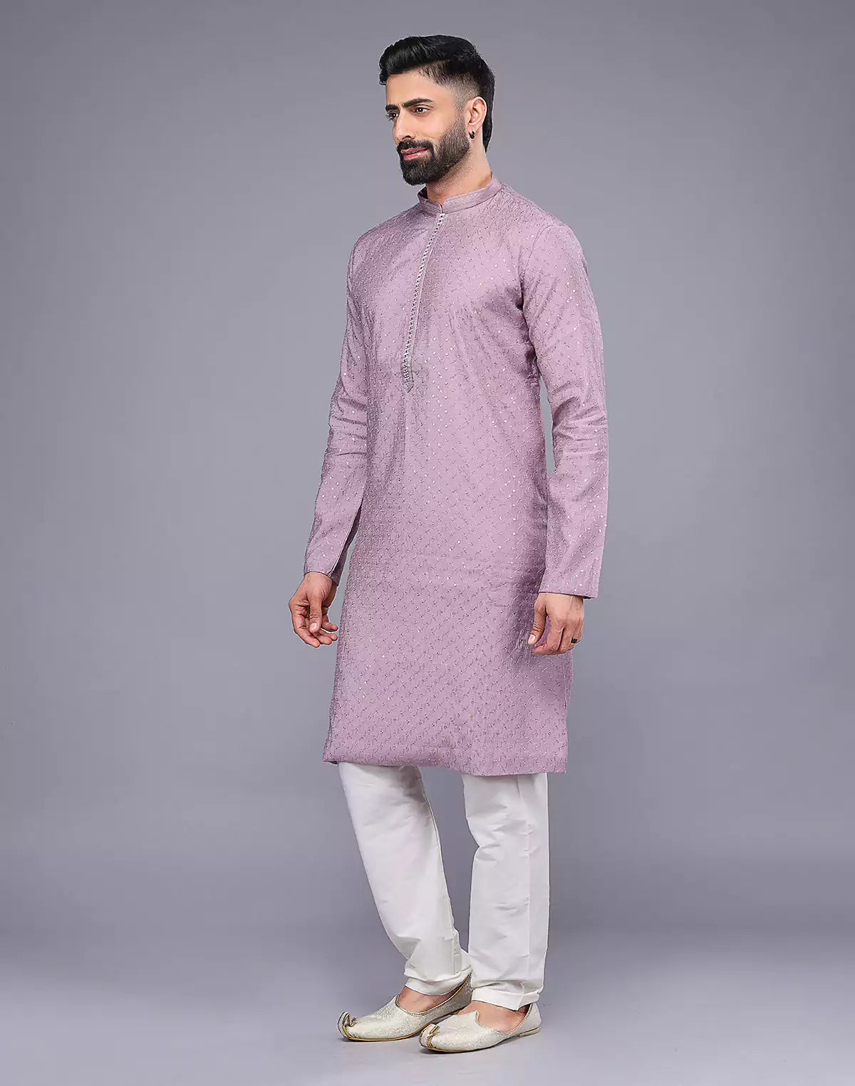 Self Imperial Patterned Elegant Onion Coloured Soft Silk Kurta Set