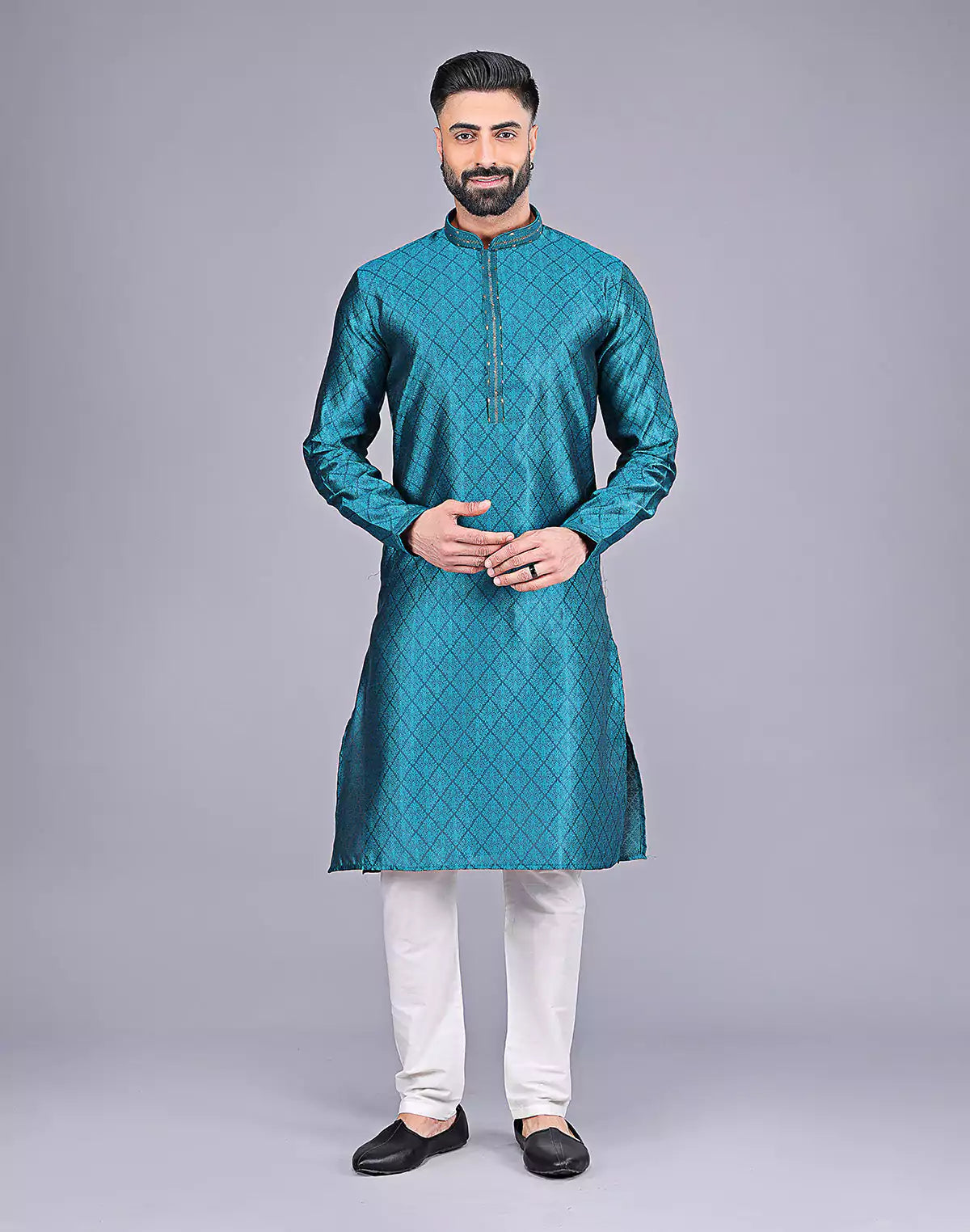 Stylish Rama Blue Self Floral Design Soft Silk Kurta Pajama