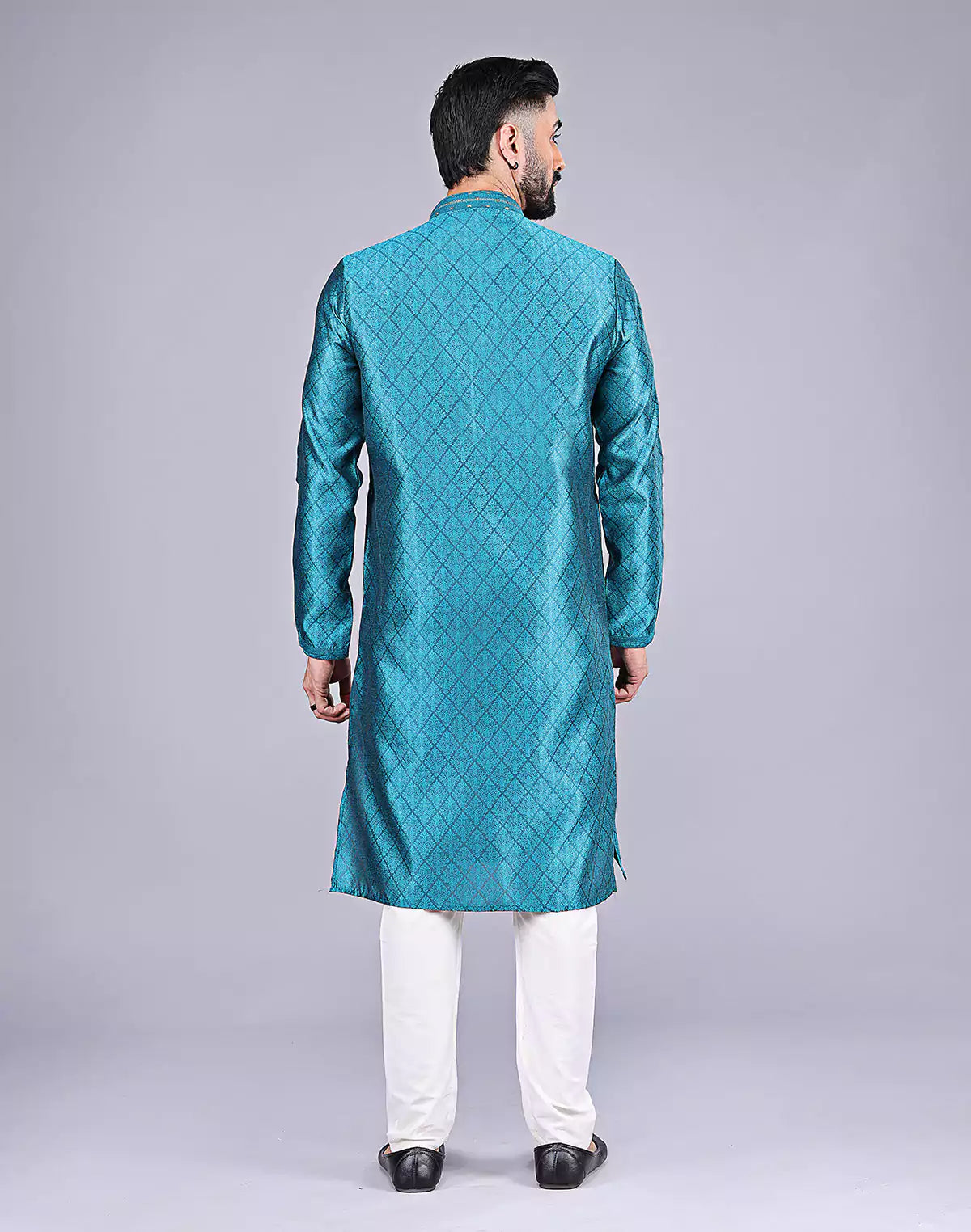 Stylish Rama Blue Self Floral Design Soft Silk Kurta Pajama