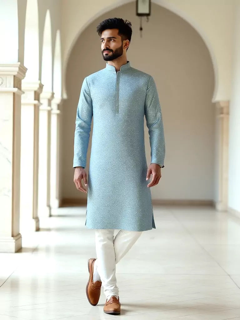 All Over Floral Self Design Jacquard Kurta Pyjama Set in Pista