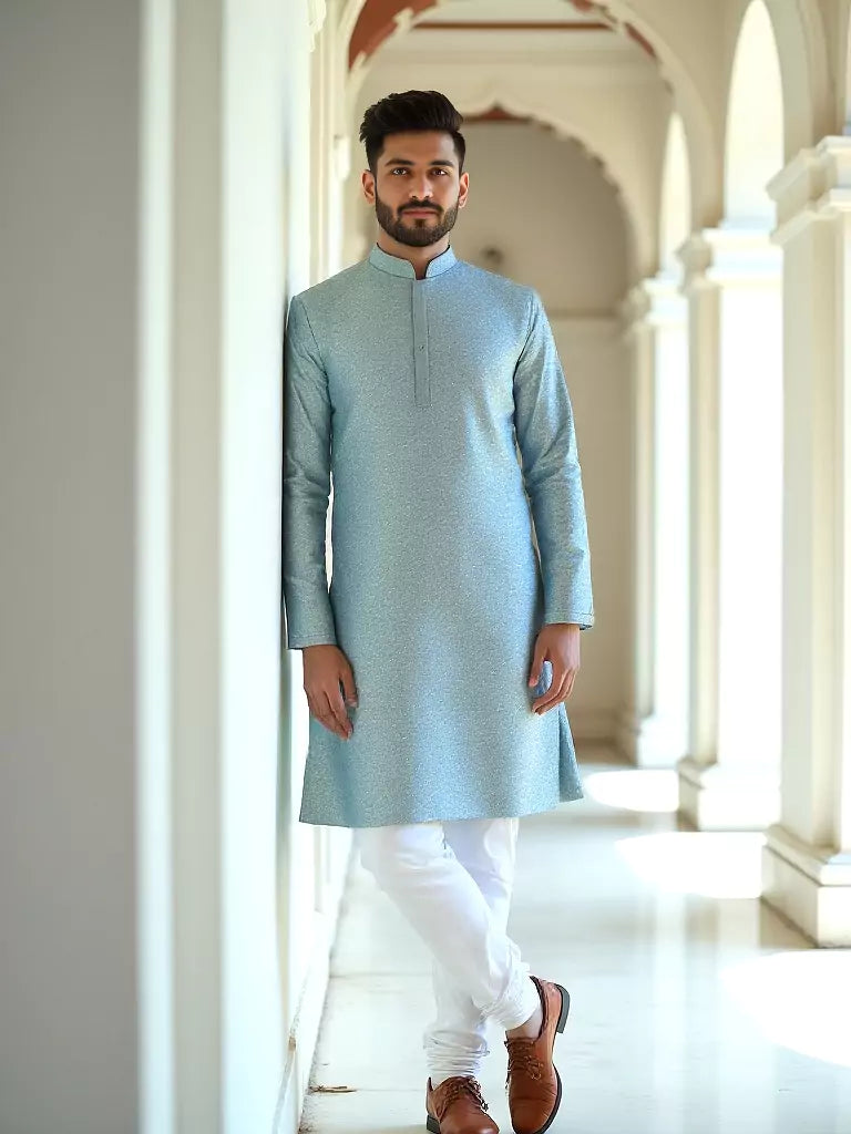 All Over Floral Self Design Jacquard Kurta Pyjama Set in Pista