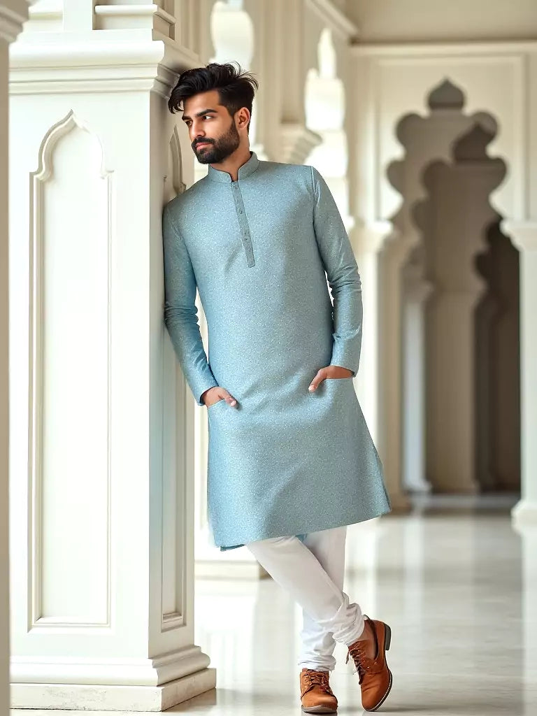 All Over Floral Self Design Jacquard Kurta Pyjama Set in Pista