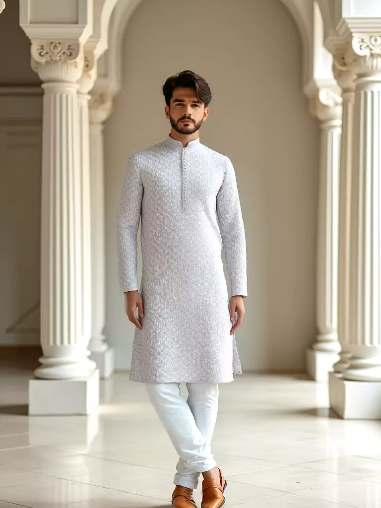 Dust Coloured Raw Silk Thread Work Party Wear Kurta Pyjama Set