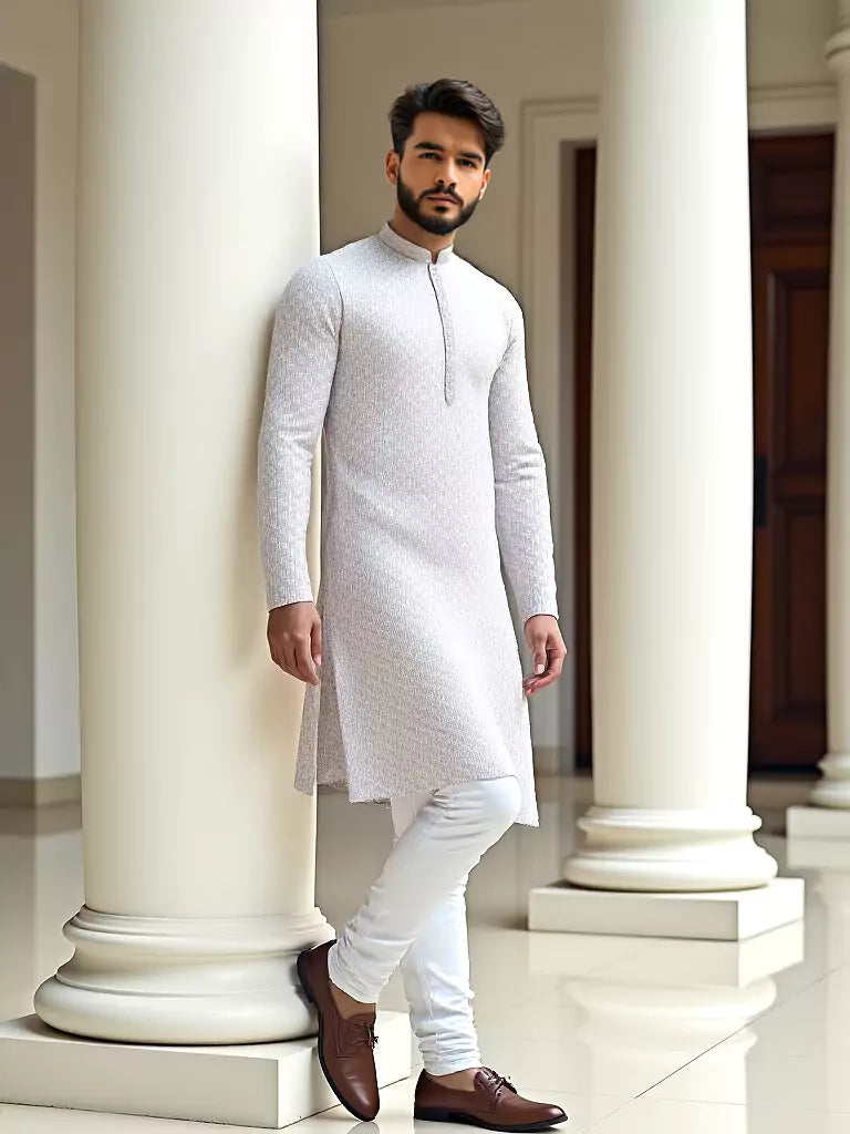 Dust Coloured Raw Silk Thread Work Party Wear Kurta Pyjama Set