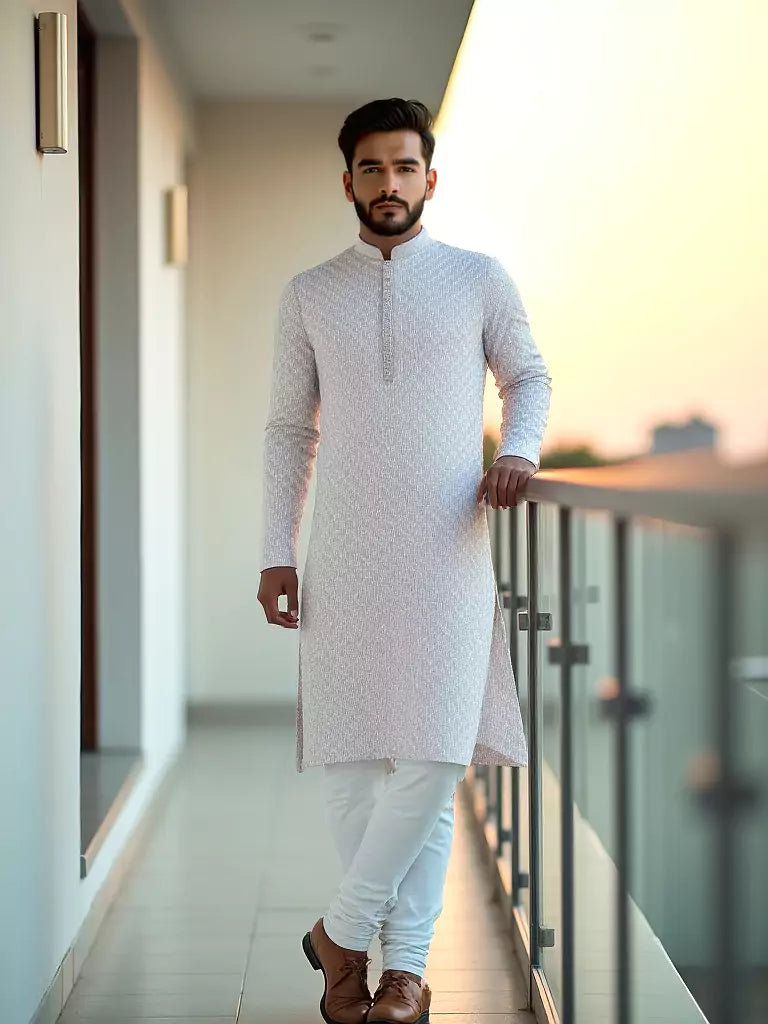 Dust Coloured Raw Silk Thread Work Party Wear Kurta Pyjama Set