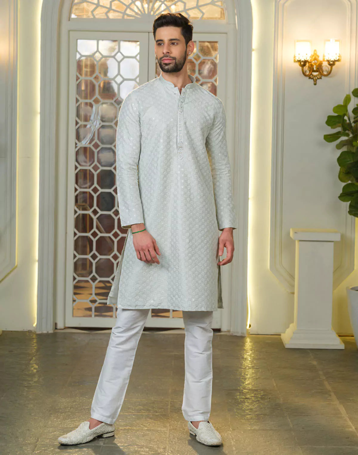 Pista Floral Design Thread Embroidery work Kurta Pyjama Set