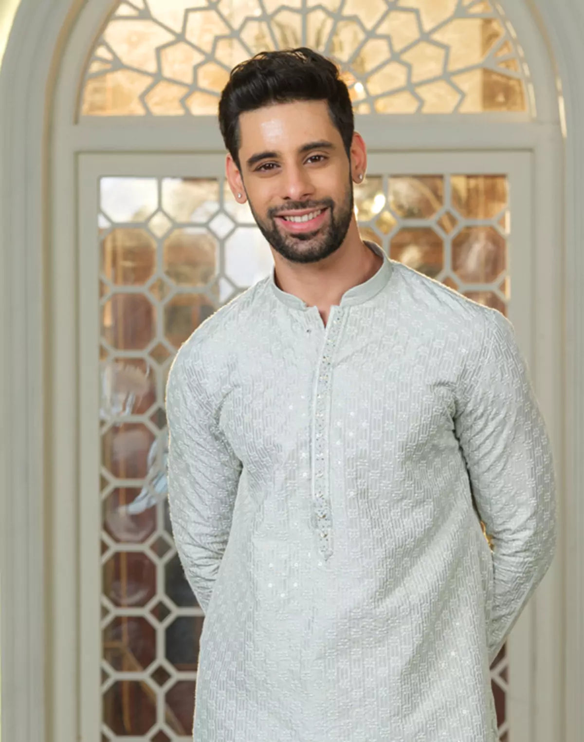 Pista Floral Design Thread Embroidery work Kurta Pyjama Set