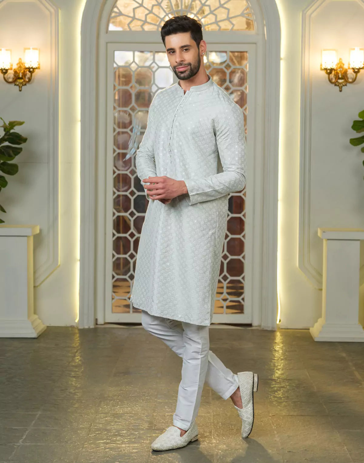 Pista Floral Design Thread Embroidery work Kurta Pyjama Set