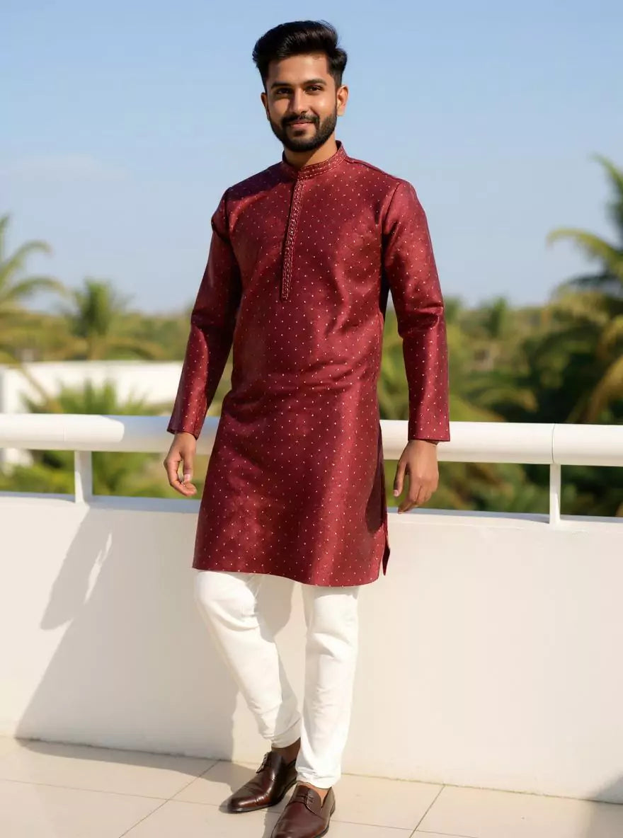 Maroon Self Weaving Jacquard Kurta Pajama Set