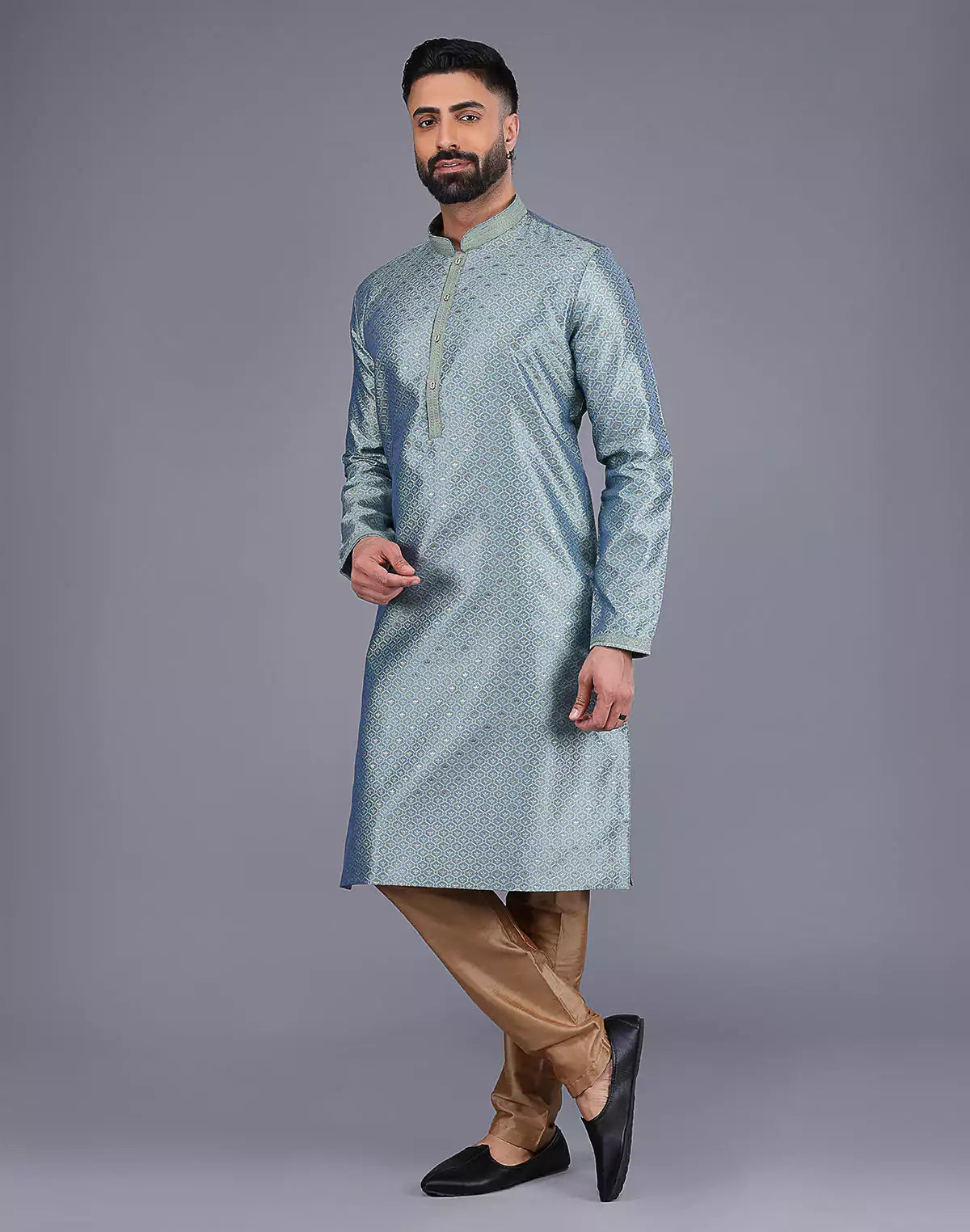 Pista Self Bootis and Weaving Soft Silk Kurta Set