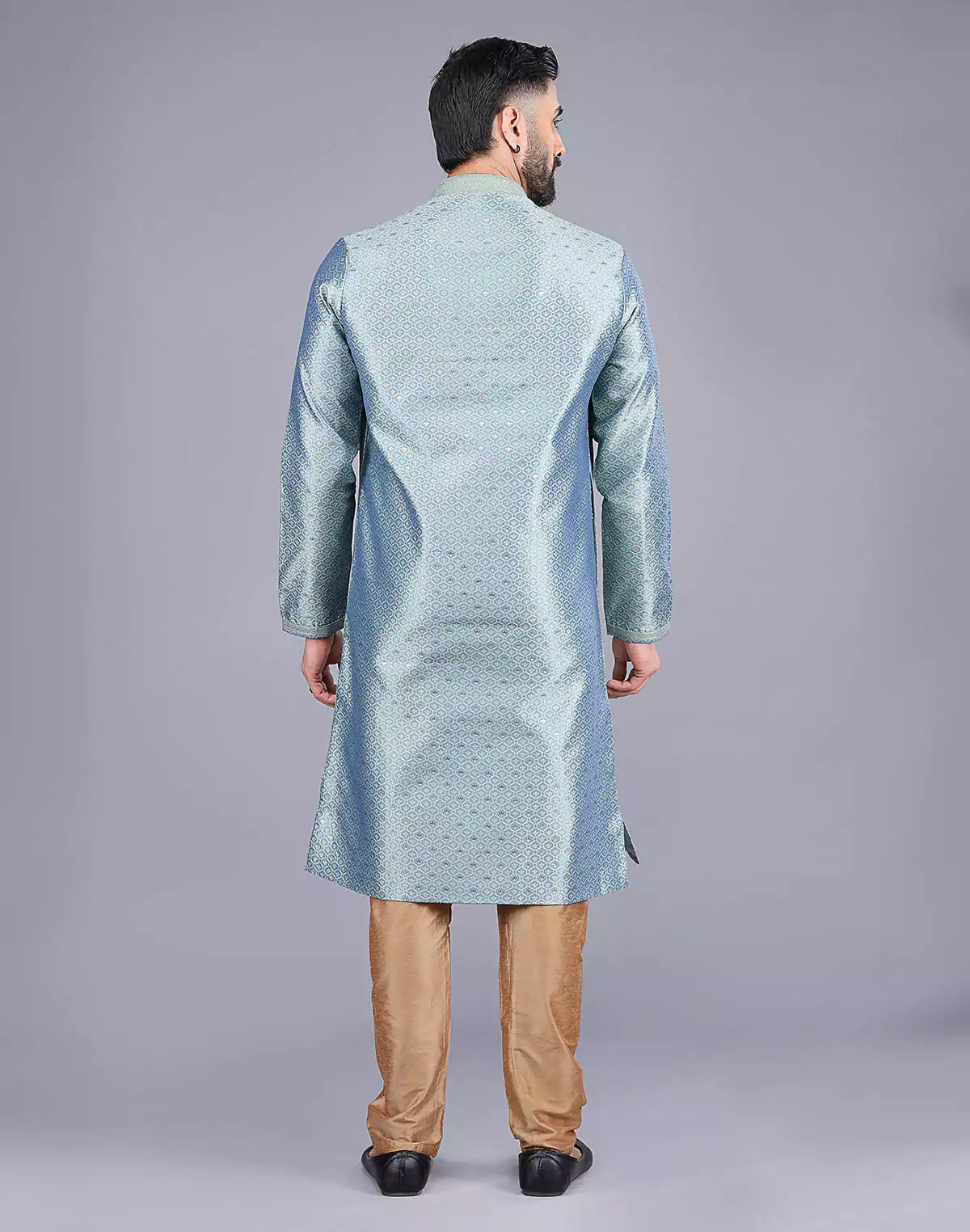 Pista Self Bootis and Weaving Soft Silk Kurta Set