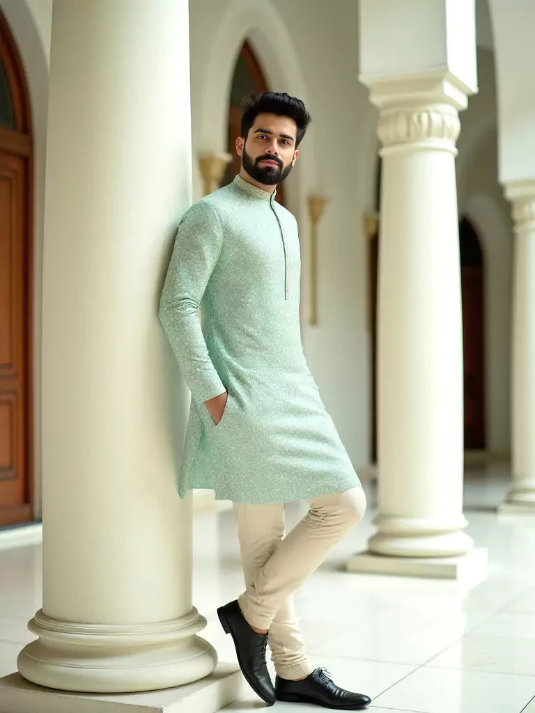 Sage Green Self Design Jacquard Stylish Kurta Pyjama Set
