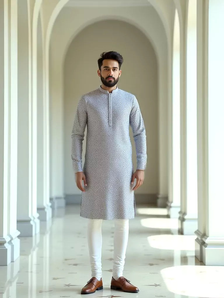 Light Grey Floral Brocade Design Jacquard Kurta Pajama