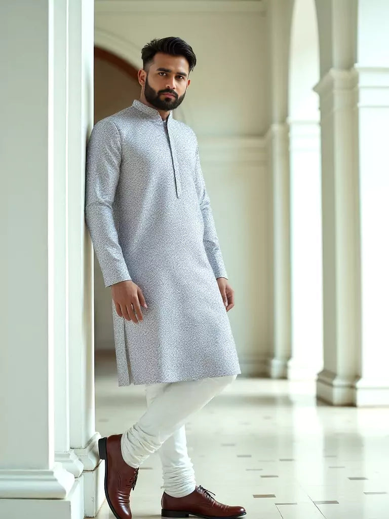 Light Grey Floral Brocade Design Jacquard Kurta Pajama