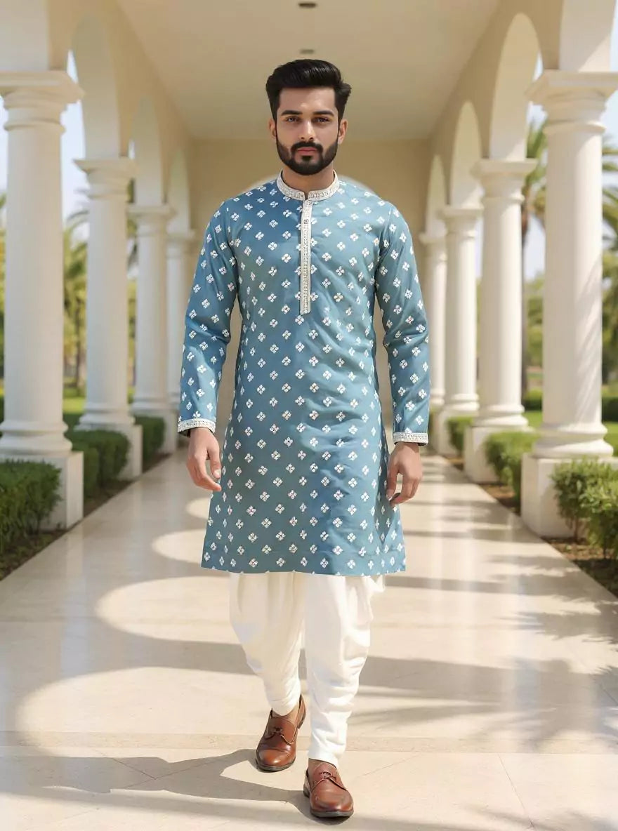 Gun Blue Color Floral Thread Embroidery Giza Cotton Kurta Set