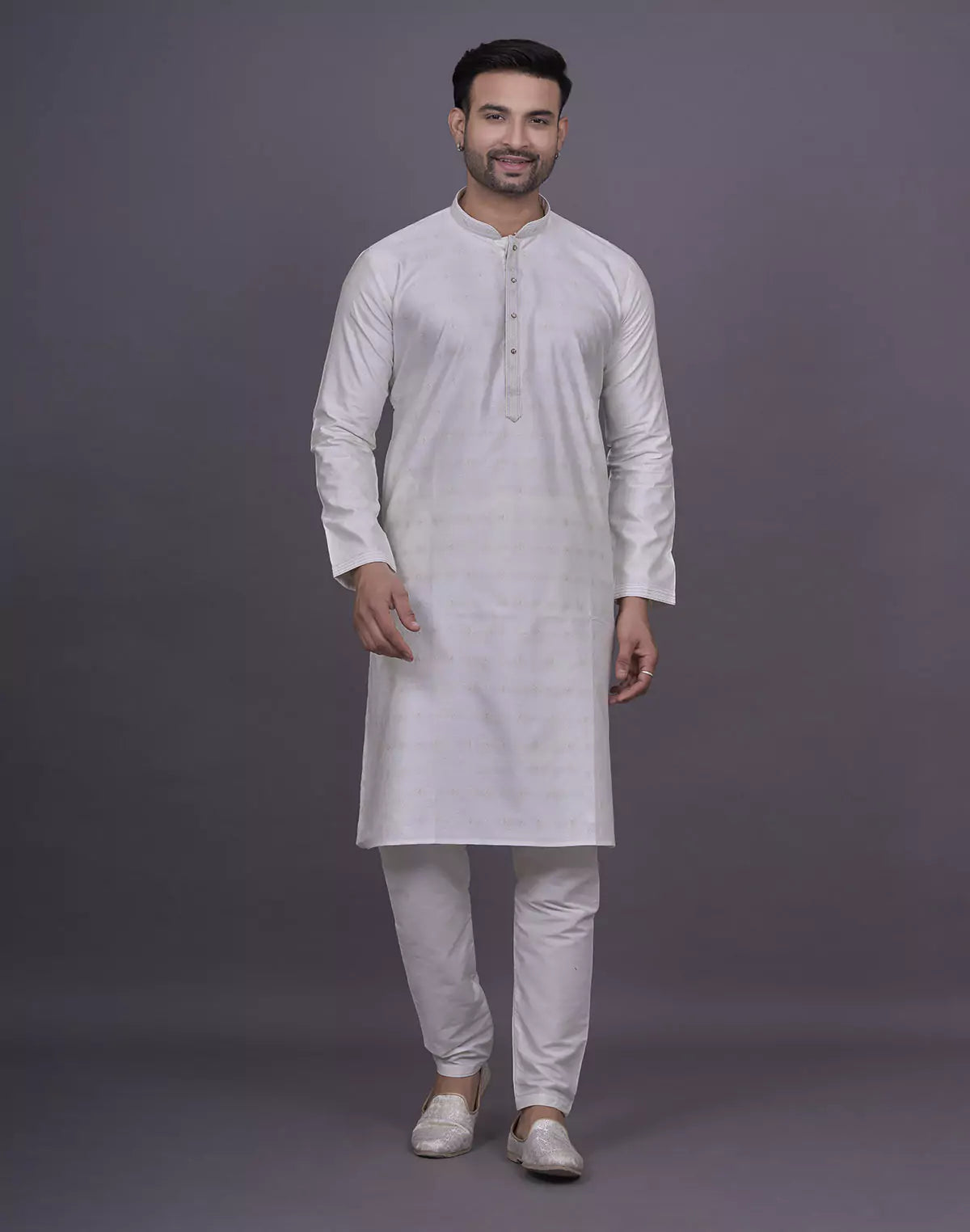 Self Brocade Design Soft Silk Cream Kurta Pyjama Set