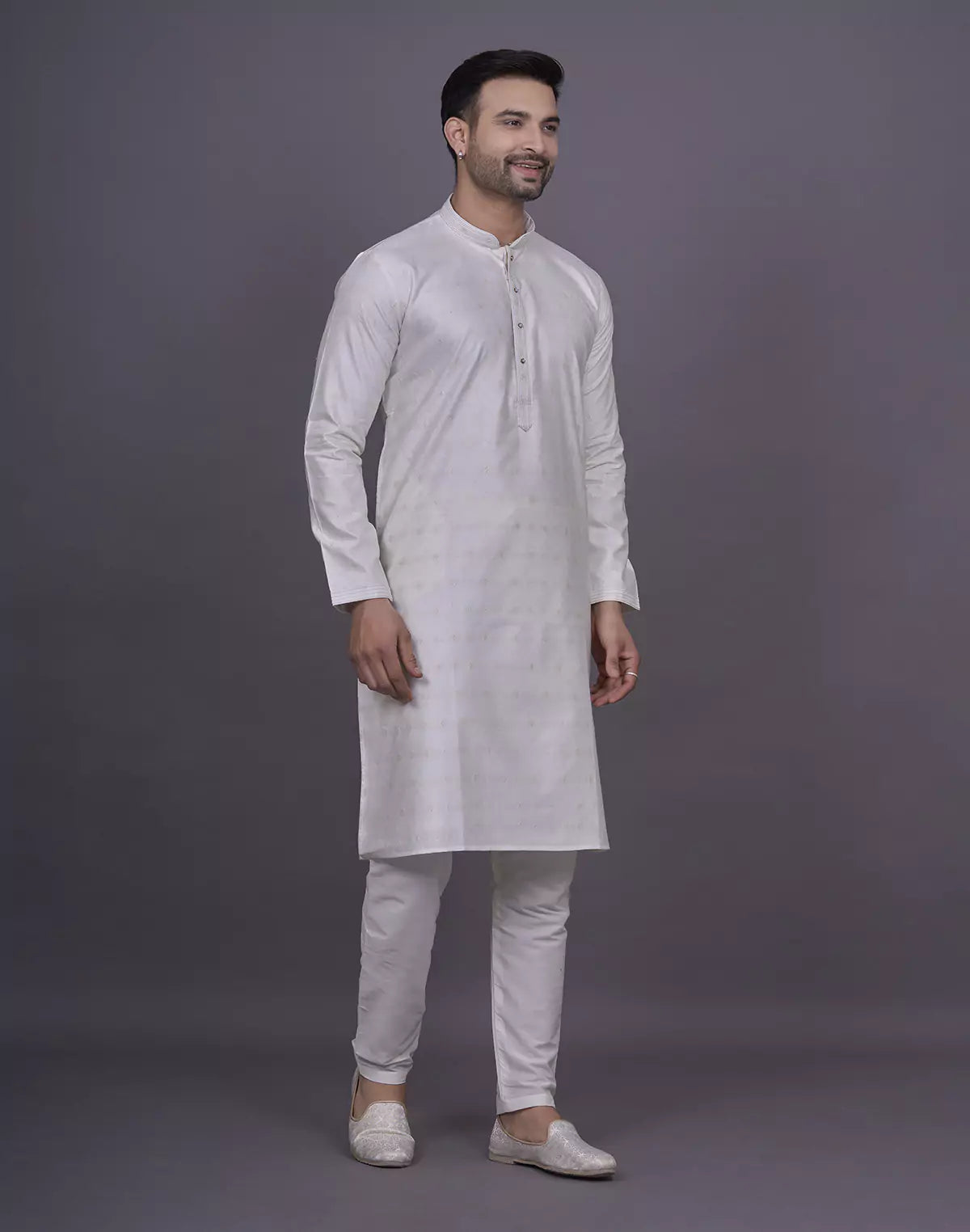 Self Brocade Design Soft Silk Cream Kurta Pyjama Set