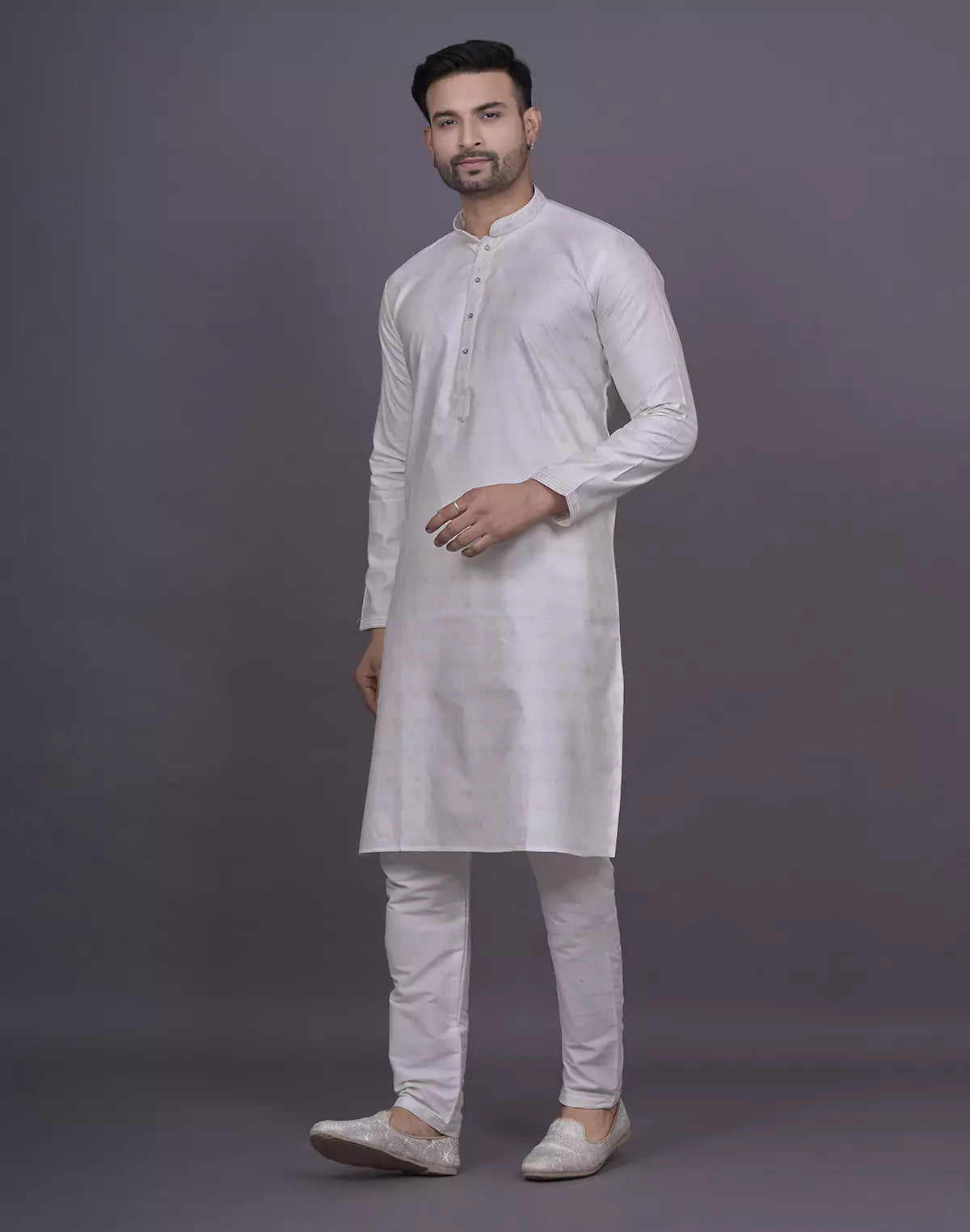 Self Brocade Design Soft Silk Cream Kurta Pyjama Set