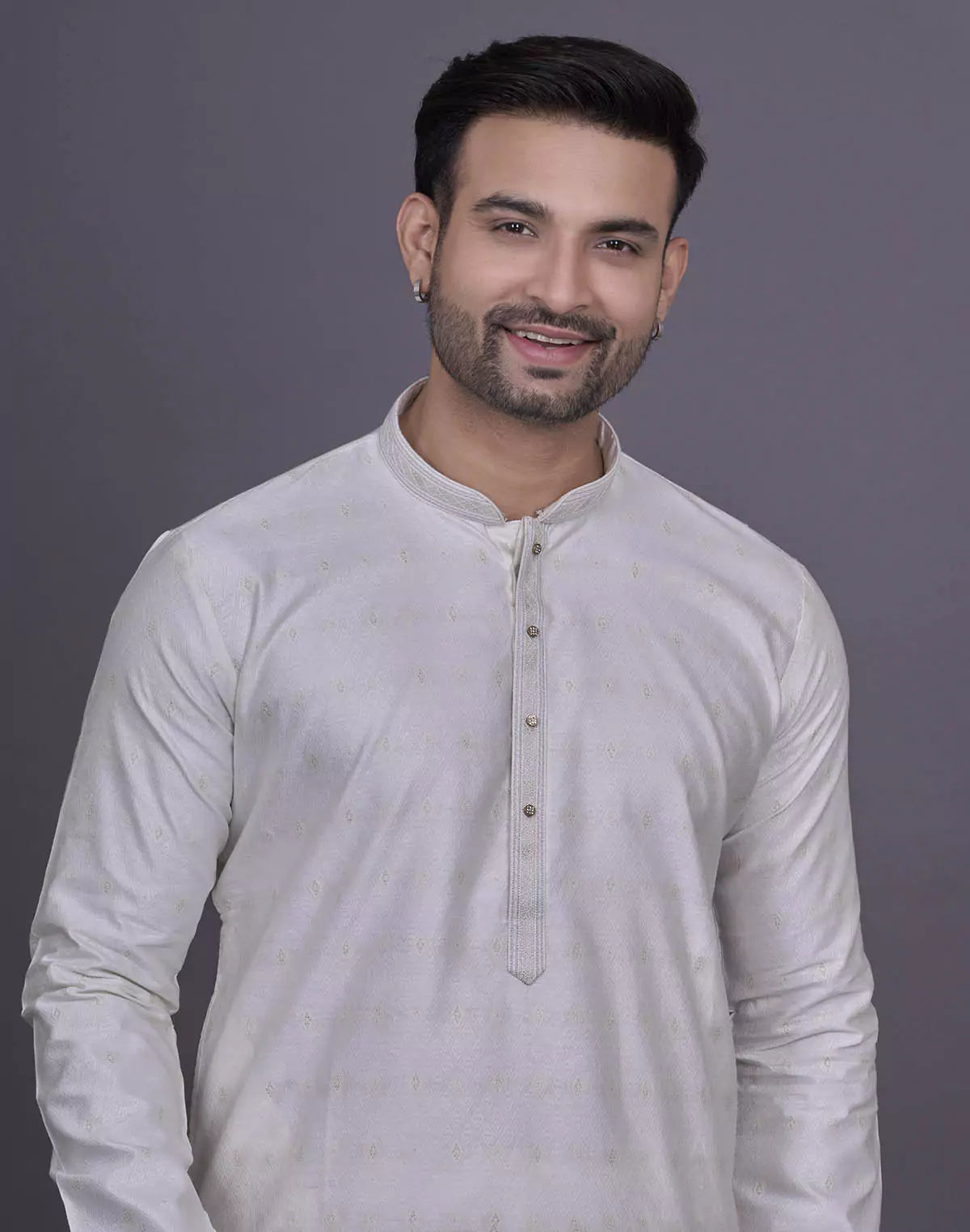 Self Brocade Design Soft Silk Cream Kurta Pyjama Set
