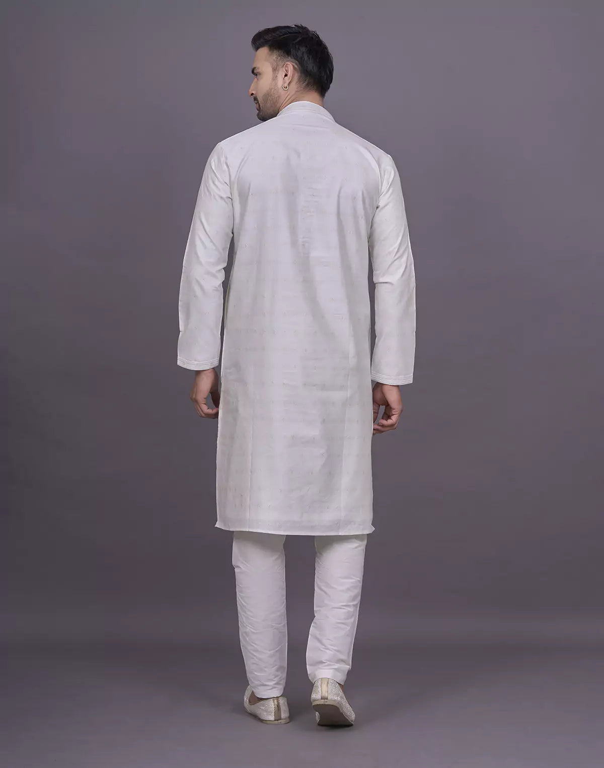 Self Brocade Design Soft Silk Cream Kurta Pyjama Set