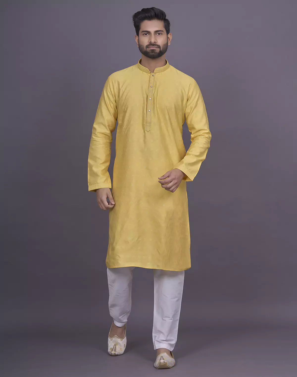 Self Brocade Design Soft Silk Yellow Kurta Pyjama Set
