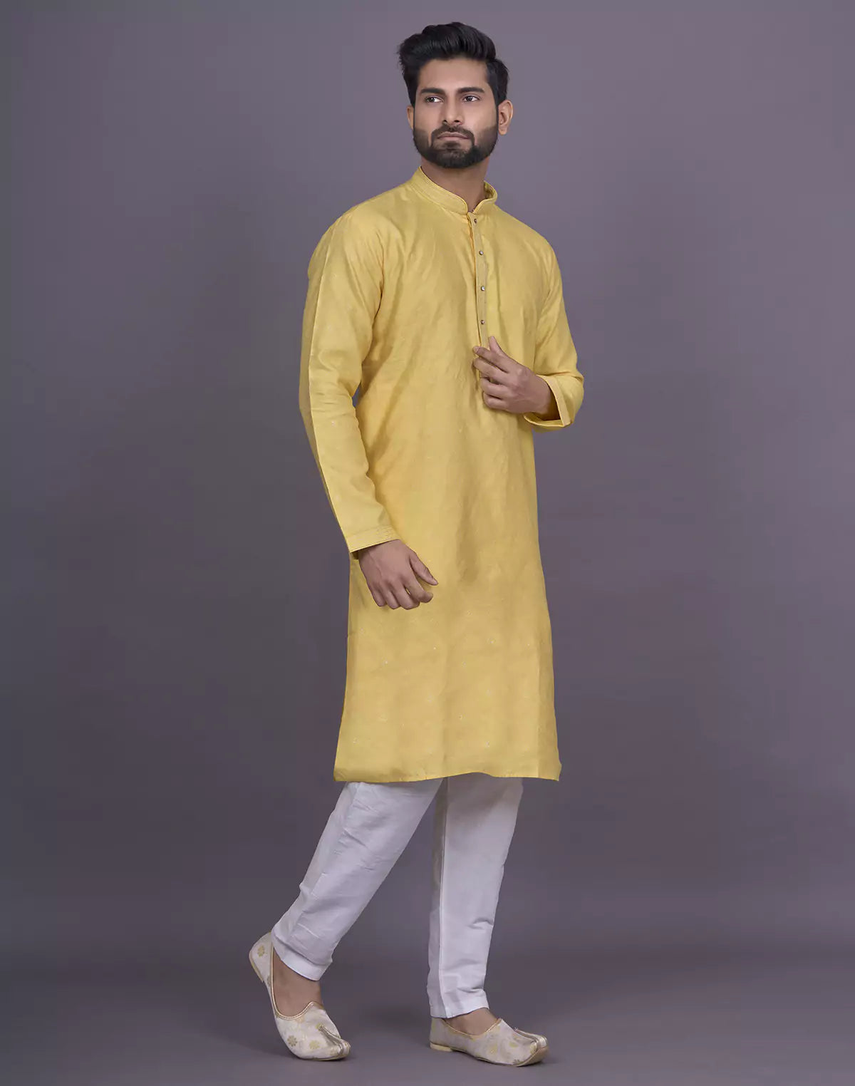 Self Brocade Design Soft Silk Yellow Kurta Pyjama Set