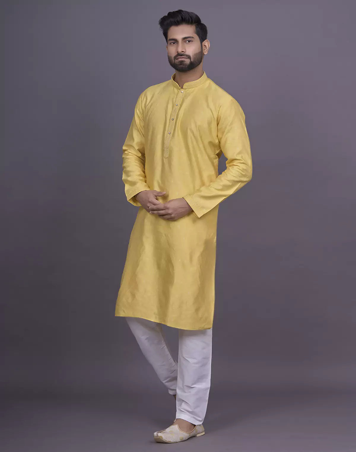 Self Brocade Design Soft Silk Yellow Kurta Pyjama Set
