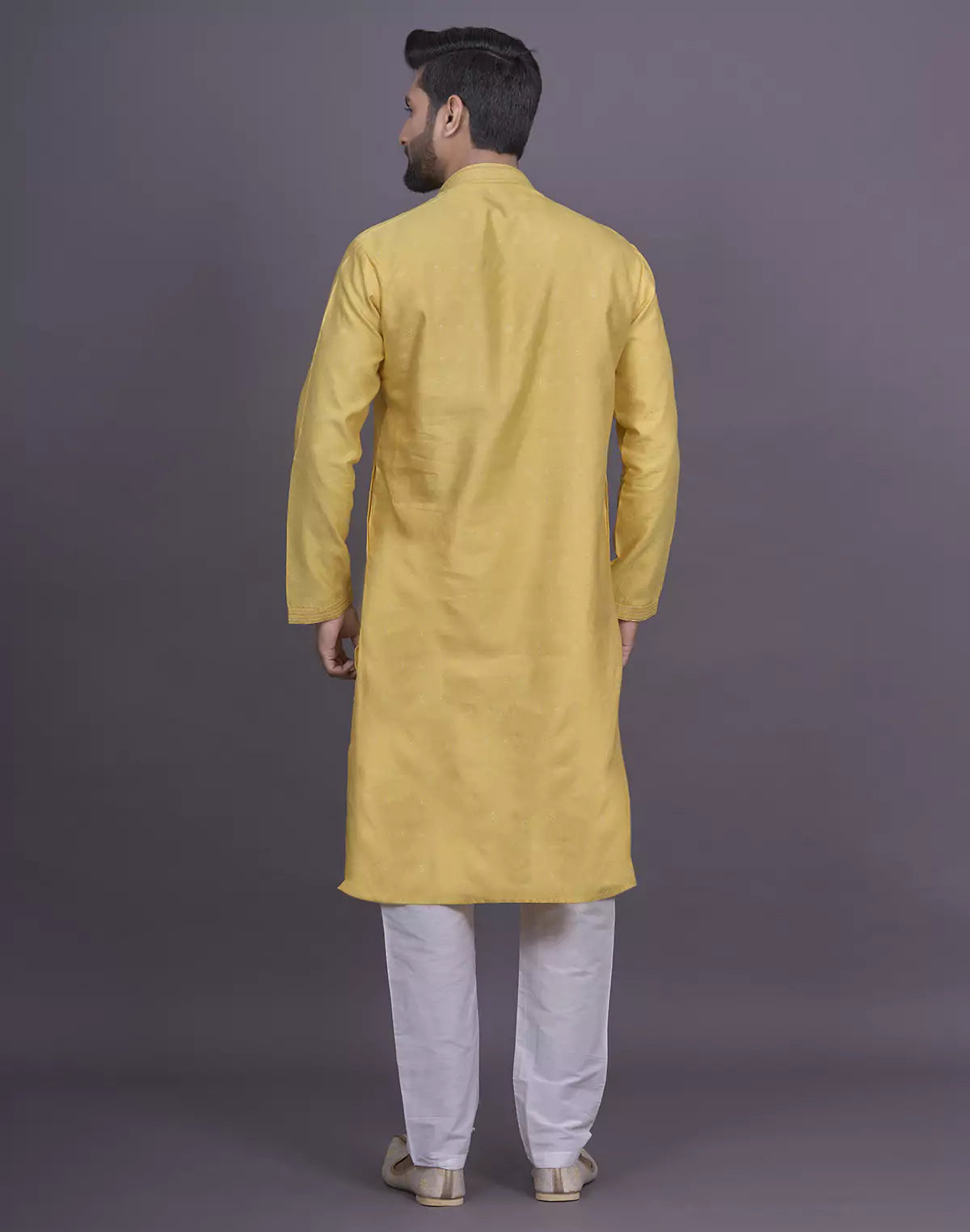 Self Brocade Design Soft Silk Yellow Kurta Pyjama Set