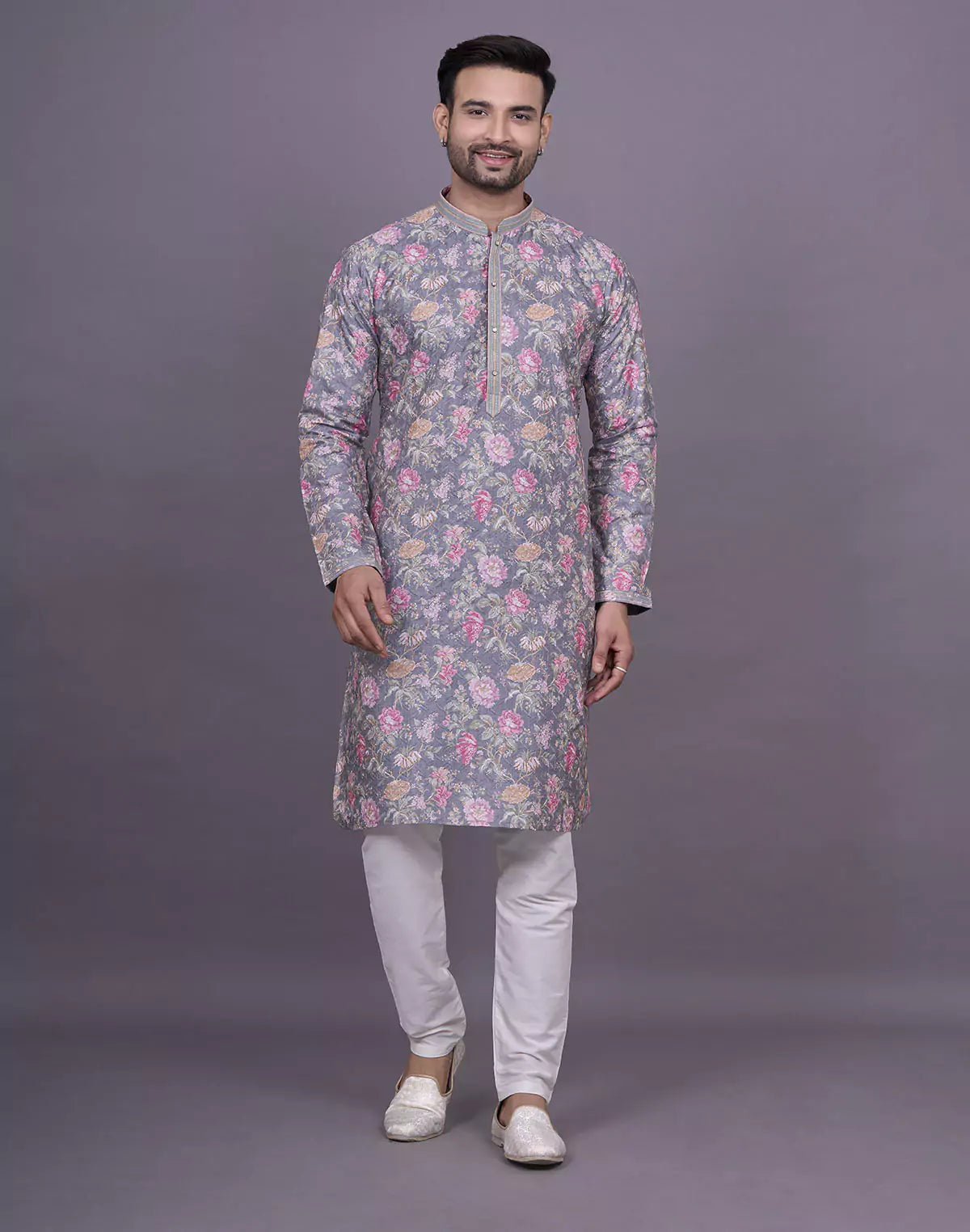 Graceful Grey Colour Floral Print Raw Silk Kurta Pyjama Set
