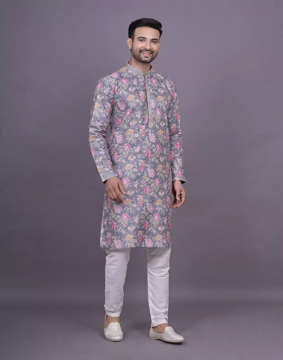 Graceful Grey Colour Floral Print Raw Silk Kurta Pyjama Set