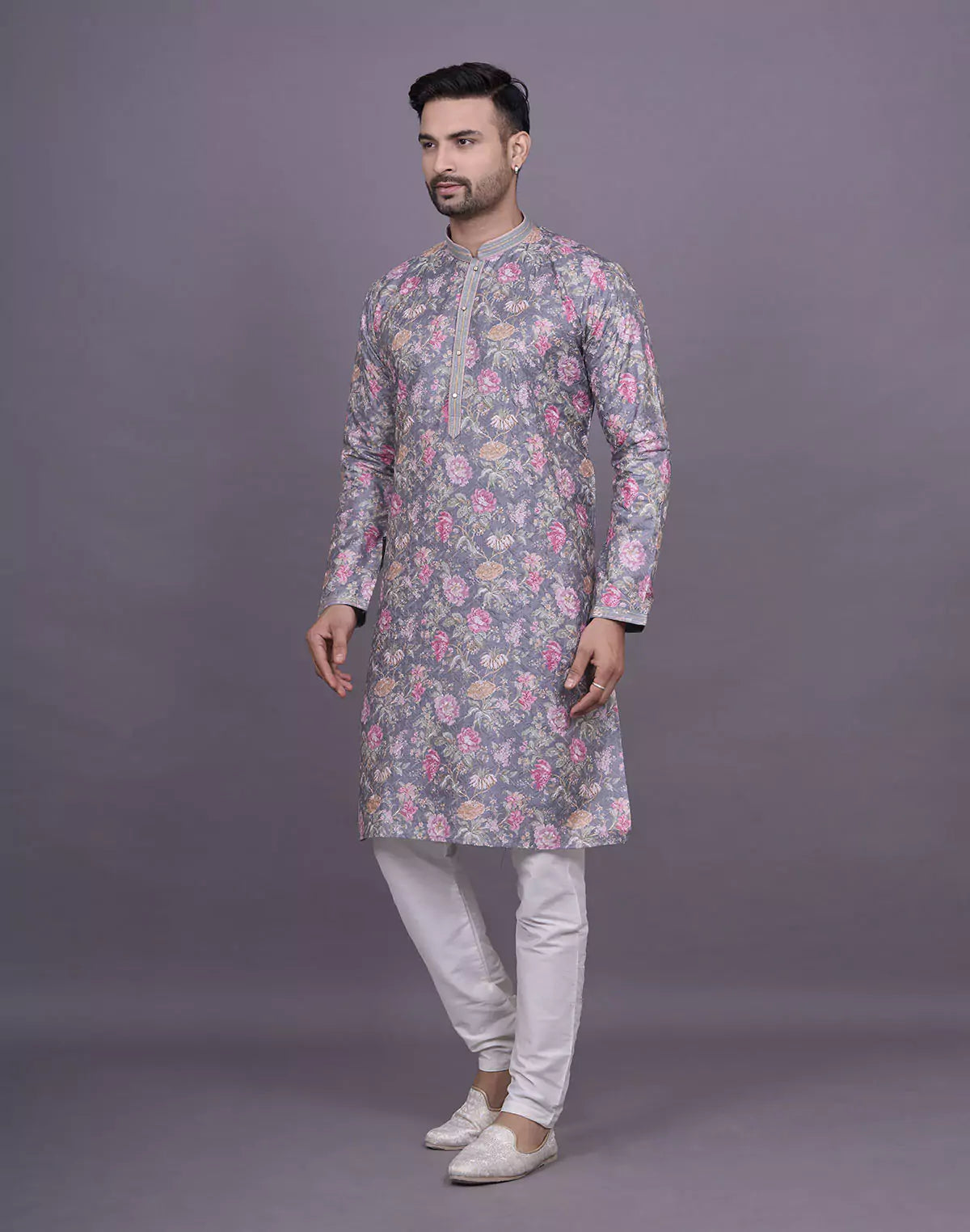 Graceful Grey Colour Floral Print Raw Silk Kurta Pyjama Set