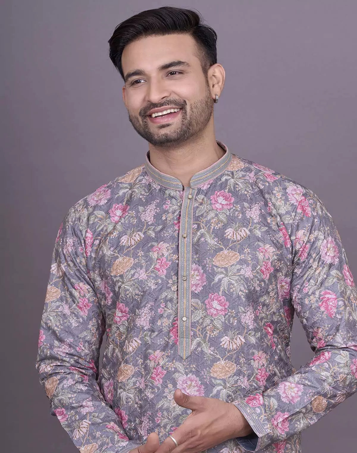 Graceful Grey Colour Floral Print Raw Silk Kurta Pyjama Set