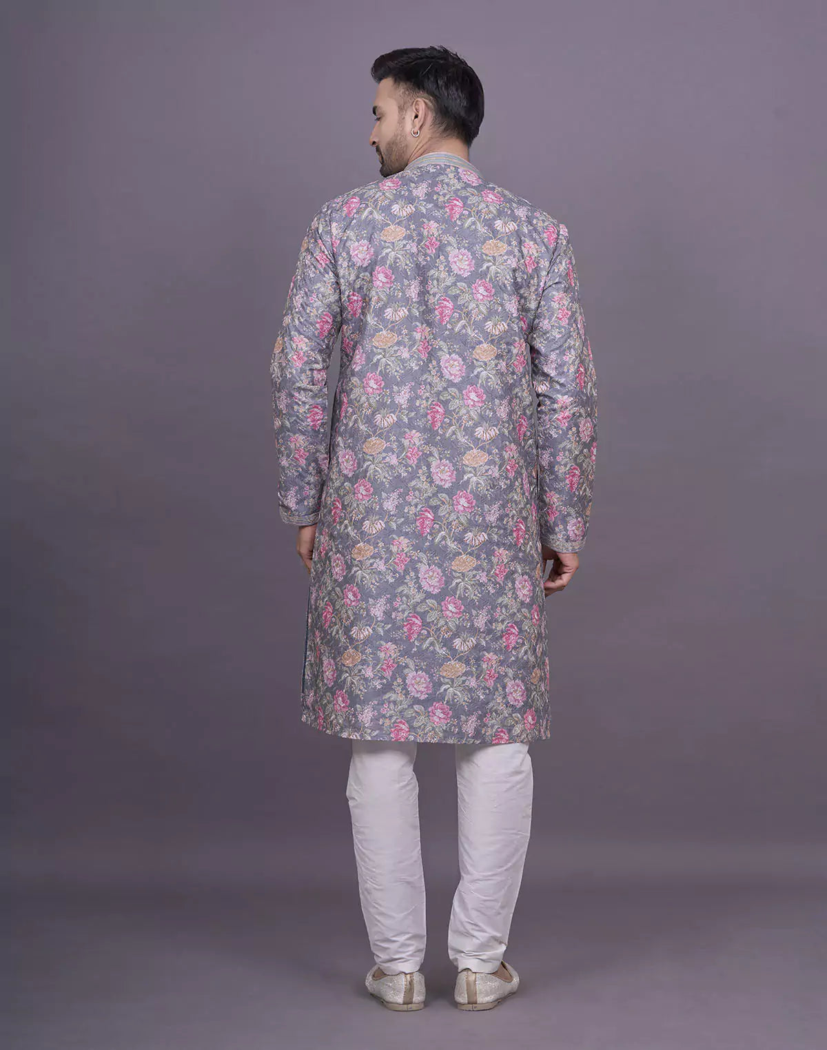 Graceful Grey Colour Floral Print Raw Silk Kurta Pyjama Set