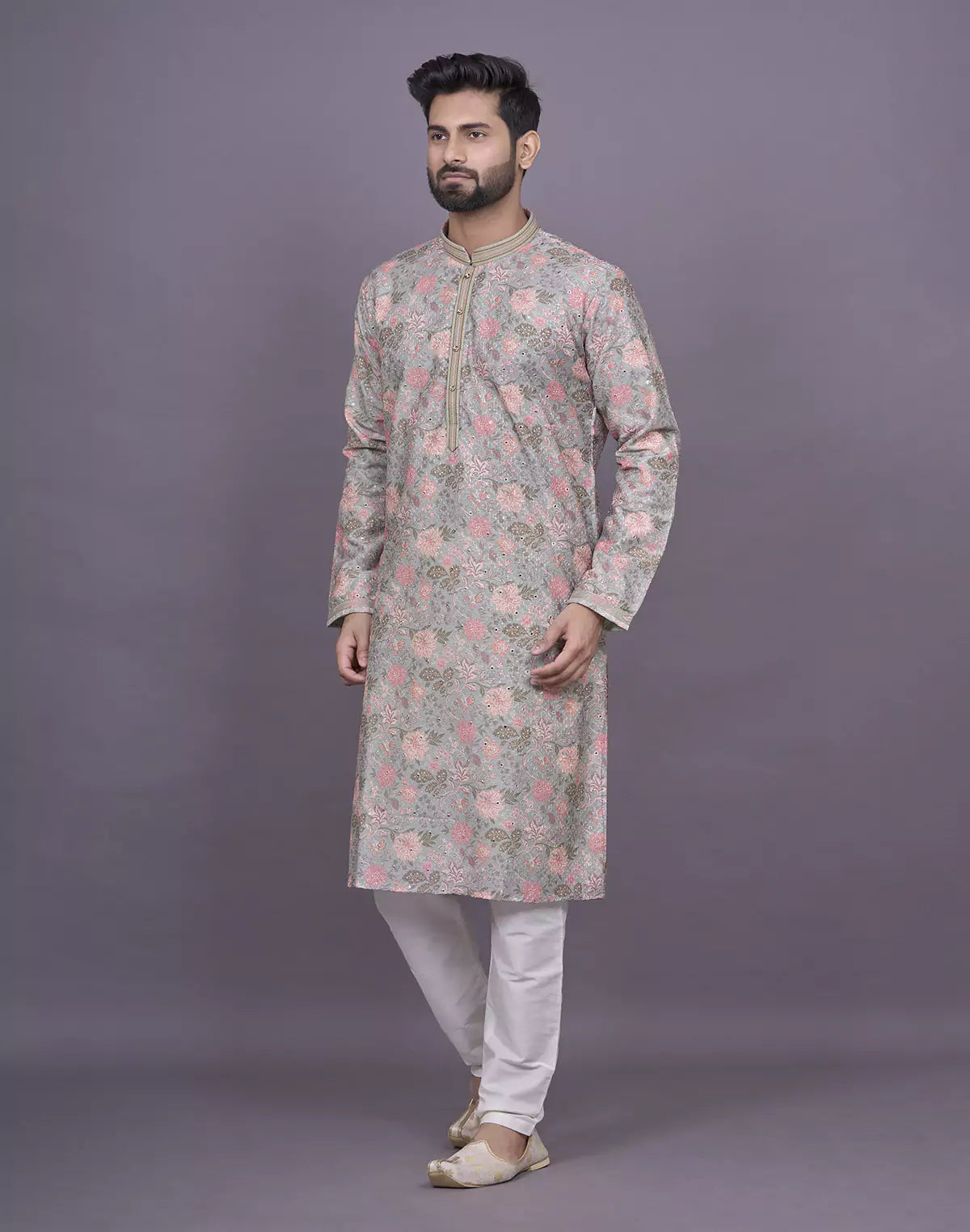 Graceful Pista Green Colour Floral Print Raw Silk Kurta Pyjama Set
