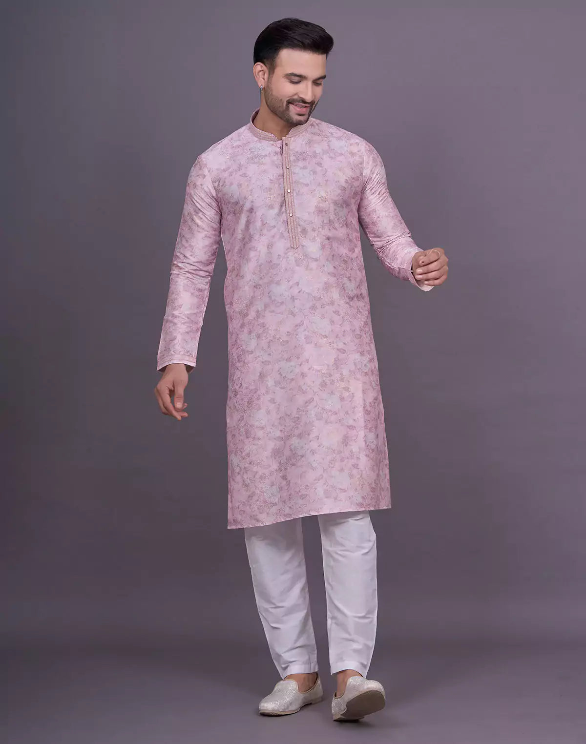 Peach All Over Floral Print Raw Silk Elegant Kurta Pyjama Set