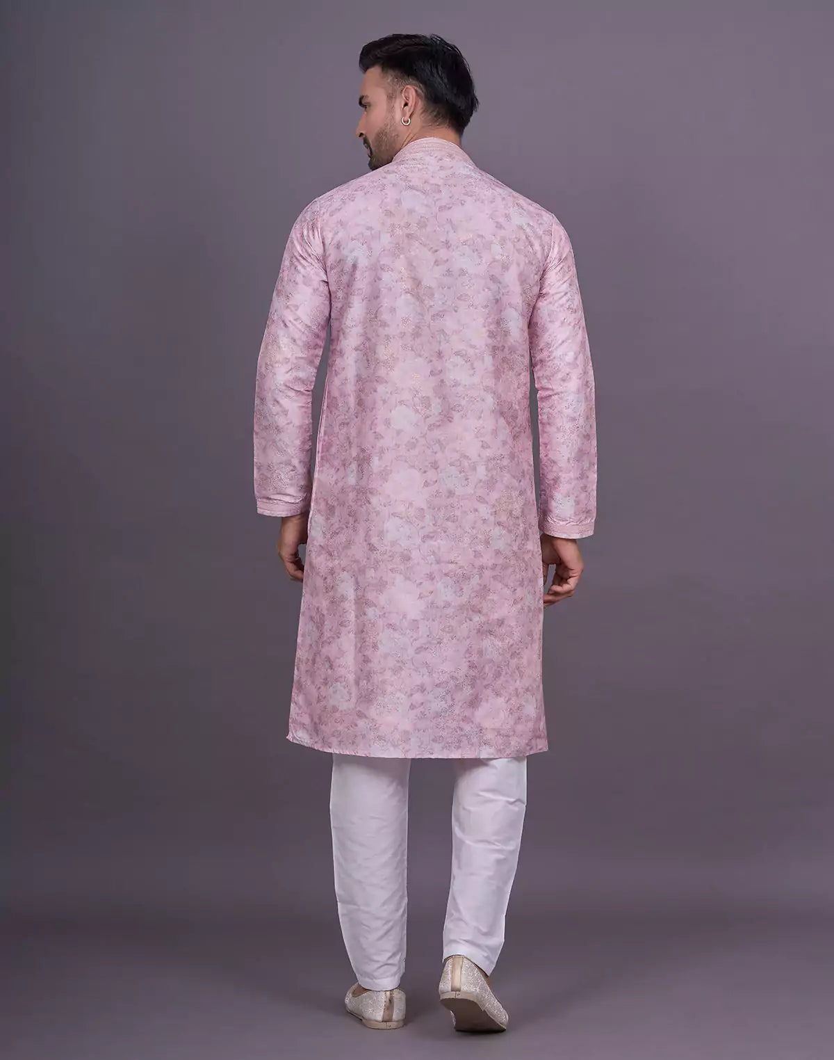 Peach All Over Floral Print Raw Silk Elegant Kurta Pyjama Set