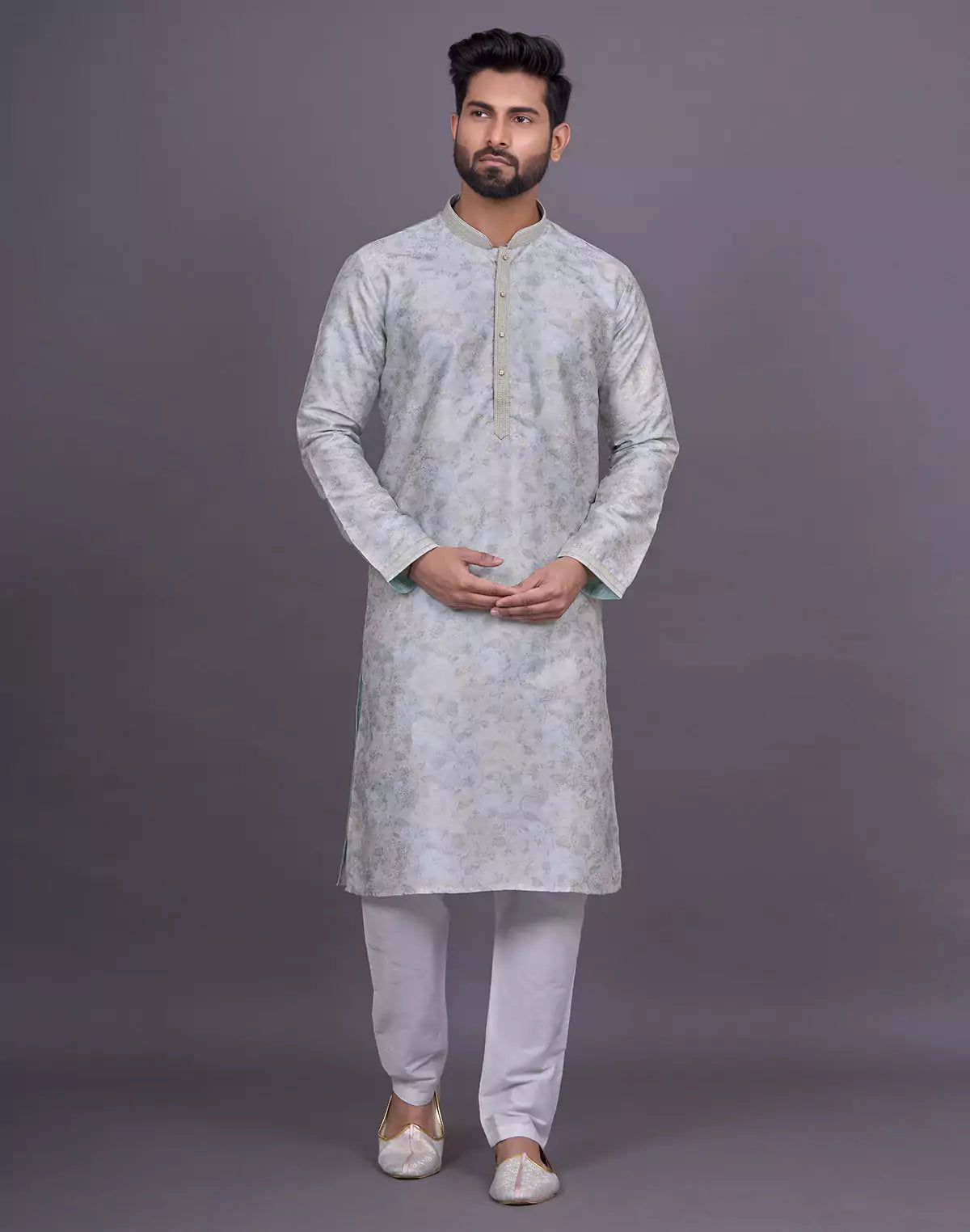 Graceful Pista All Over Floral Print Raw Silk Kurta Pyjama Set