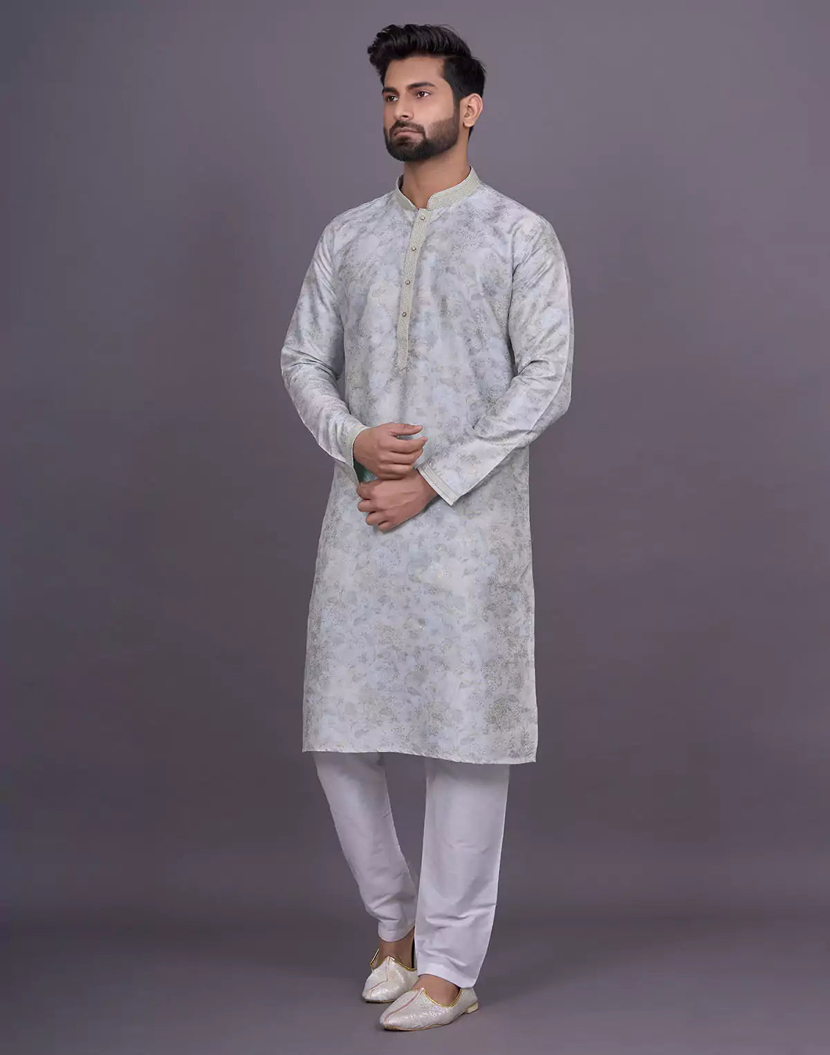 Graceful Pista All Over Floral Print Raw Silk Kurta Pyjama Set
