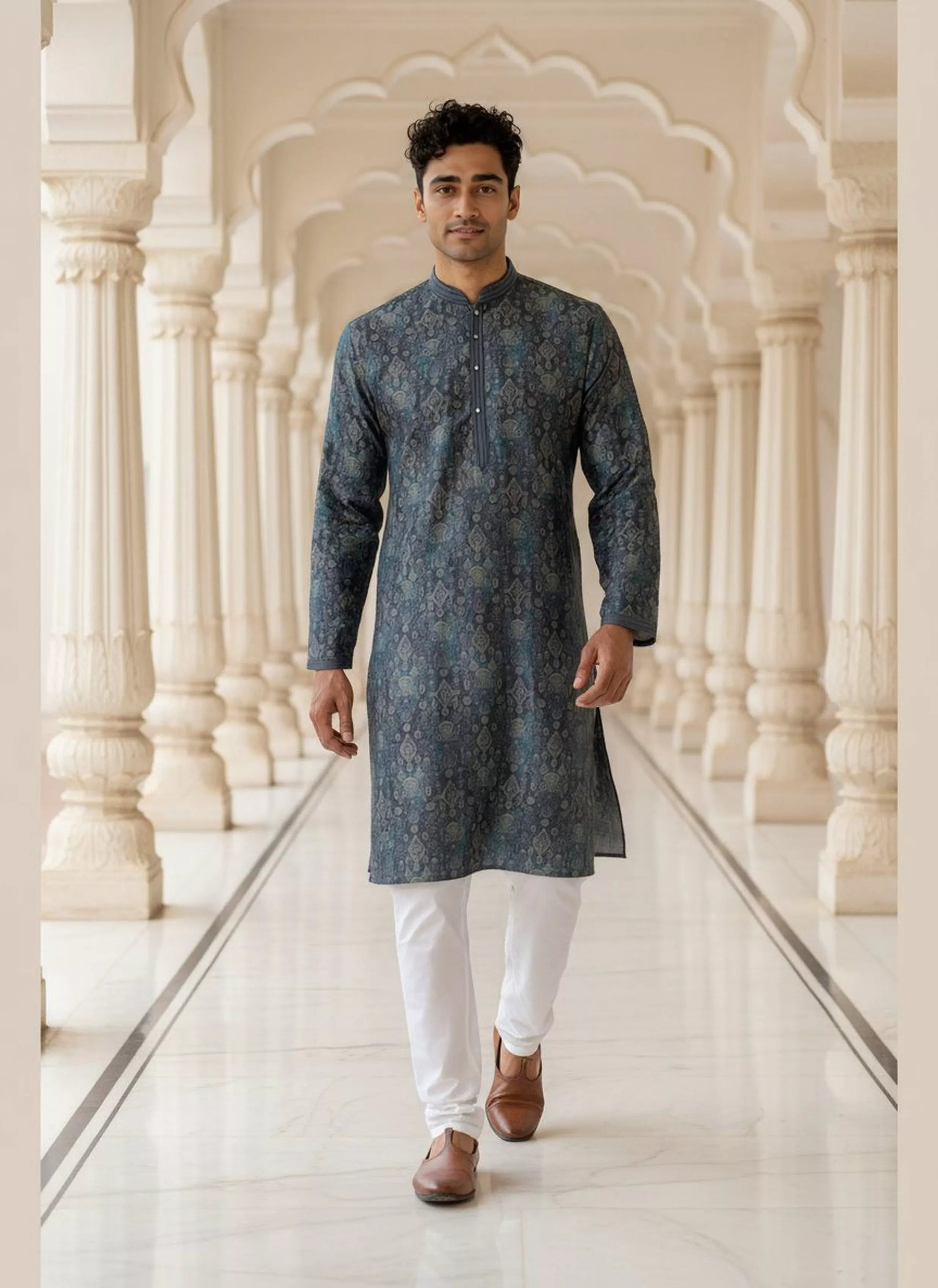 Graphic Print Indigo Blue Milky Silk Kurta Pyjama Set